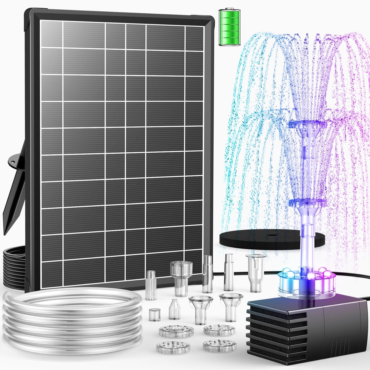 Antfraer 8W Solar Fountain Pump Built-in 3600mAh Battery & LED Lights, Solar Powered Water Pump with Double-Layer Nozzle & 5ft Tubing, Solar Water Fountain For Bird Bath Pond Garden DIY Water Features