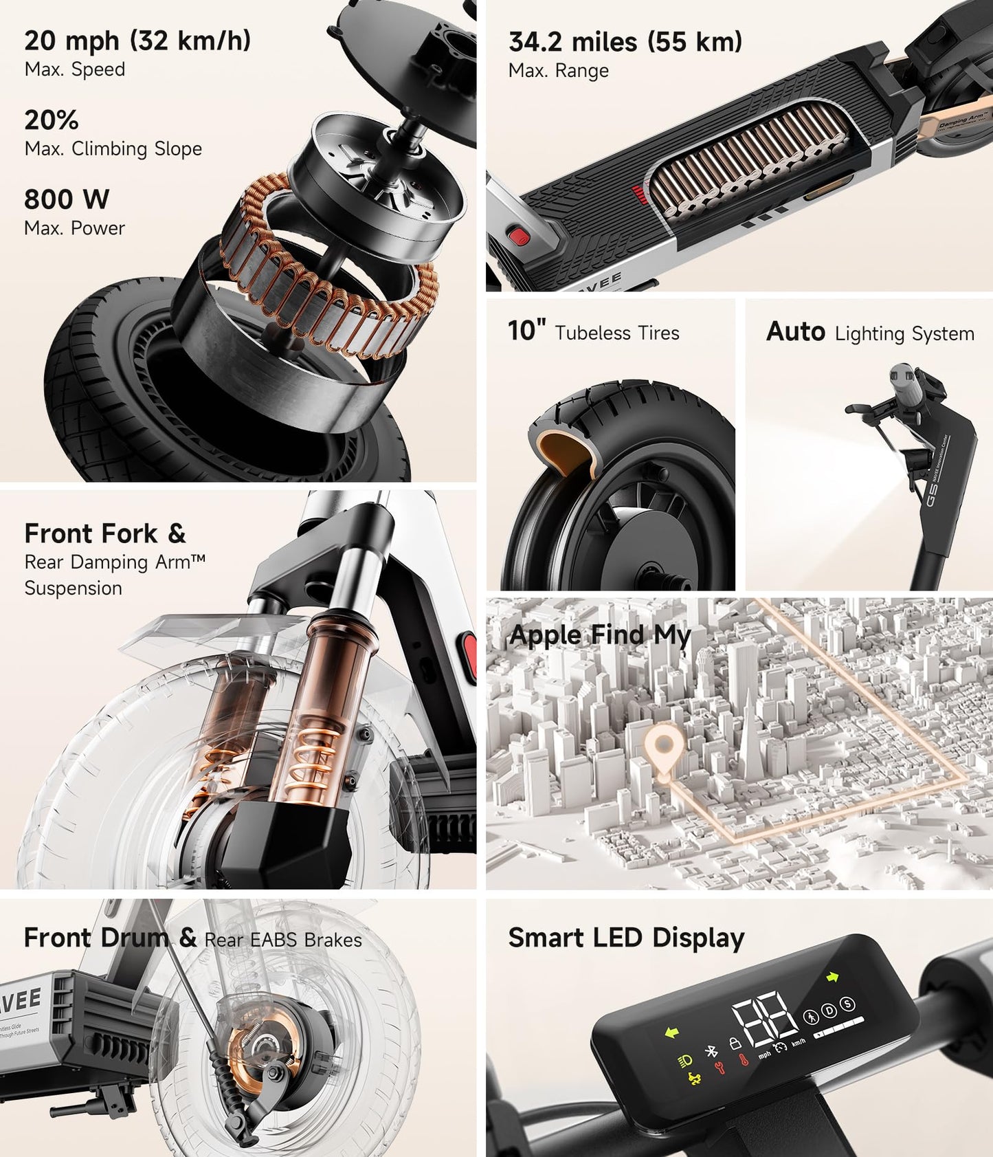 NAVEE G5 Pro Electric Scooter for Adults, Folding E Scooter with 800W Motor 20 mph Top Speed, Max 34 Miles Long Range, 10'' Solid Tires Commuting Scooters with Dual Brakes Suspension System, APP
