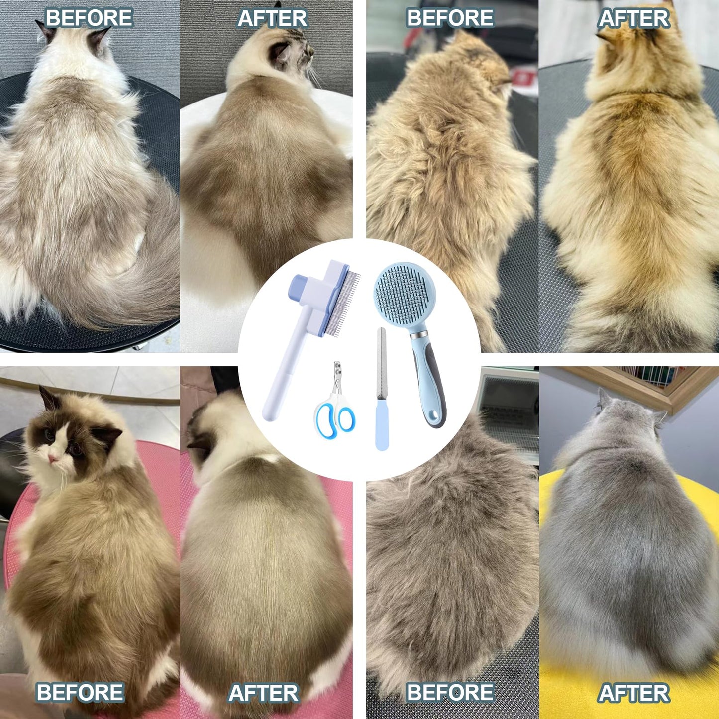 HCHYEY Cat Grooming Kit, 4-in-1 Cat Grooming Tools with Cats Brush, Flea Comb, Nail Clipper & Trimmer - Deshedding & Dematting for Pets Hair and Paws, Pet Shedding Set for Indoor Dogs & Cats (Blue)