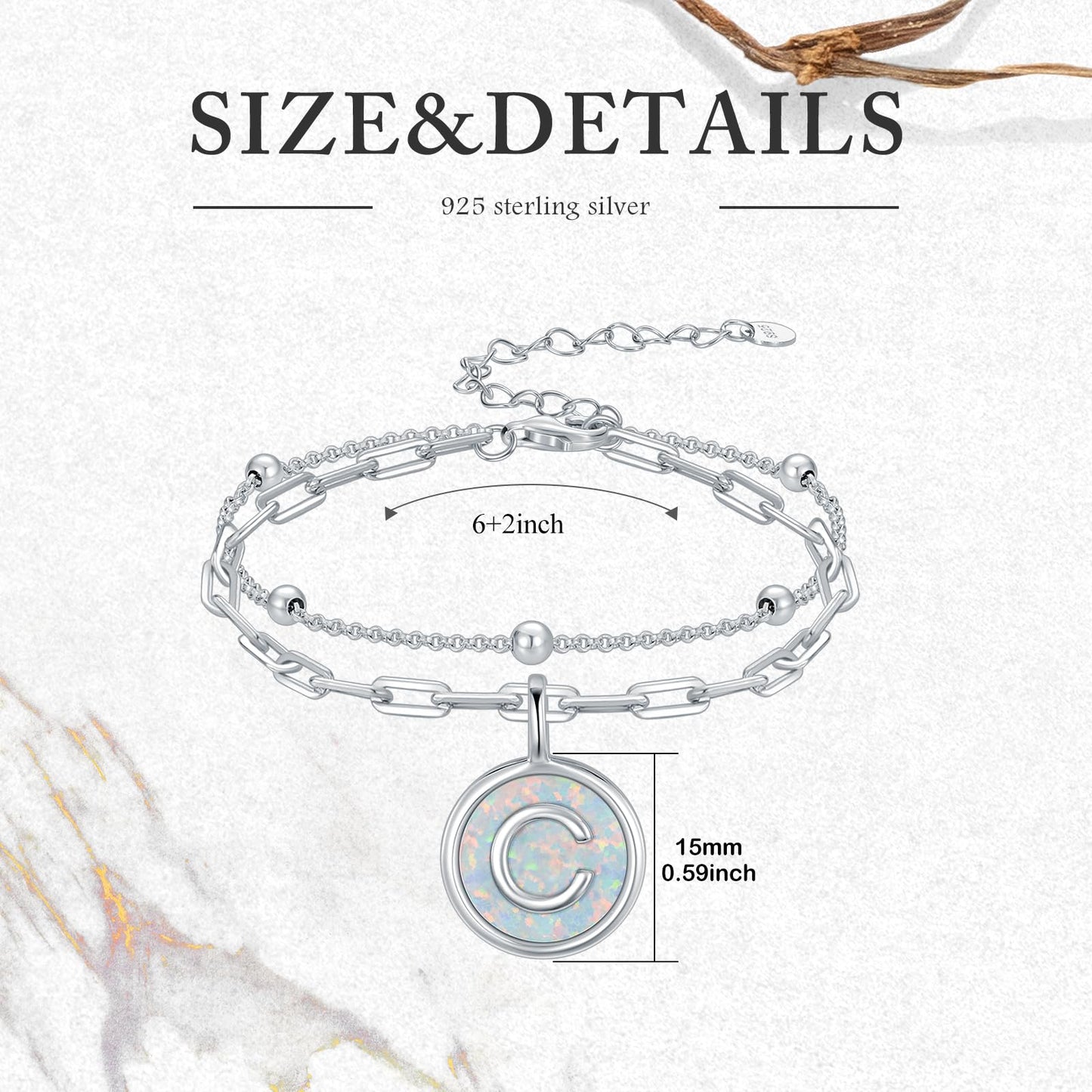LWQQWL Initial C Bracelet for Women 925 Sterling Silver Layered Initial Bracelet Opal Letter 26 Alphabet Jewelry Christmas Gifts