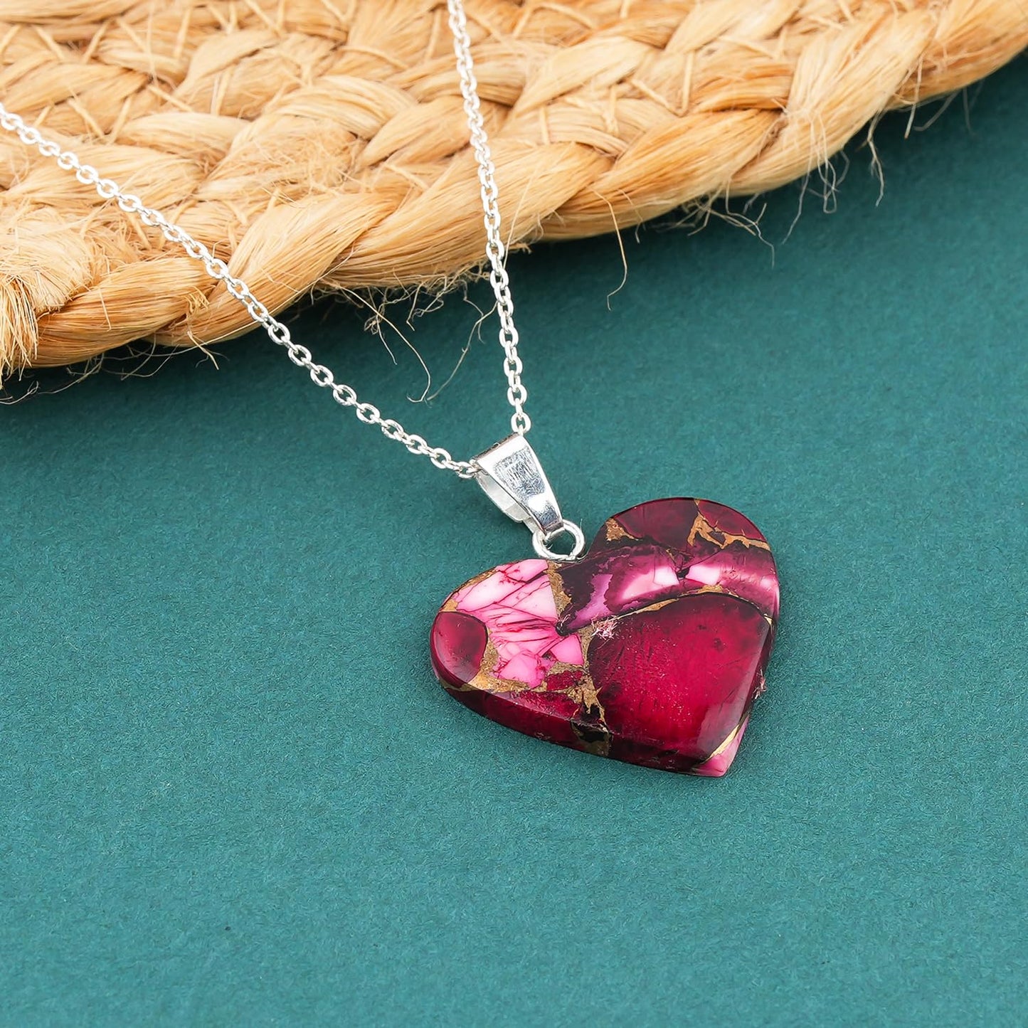 Yashee Natural Red Dahila Oyster Turquoise Heart Shape Crystals Pendant Necklace, Chakra Energy Healing Gemstone, Real Crystal, Top Grade, Beautiful Women Simple Jewelry