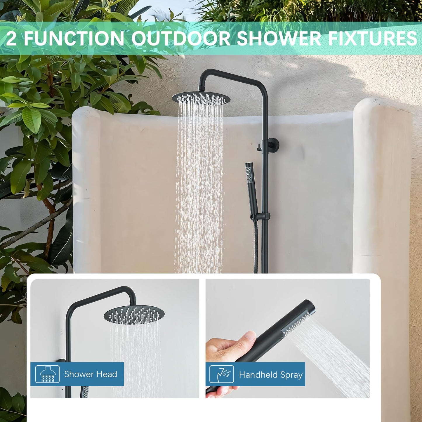 MOSSON Shower System Matte Black Outdoor Shower Fixtures with 8" Rain Shower Head Handheld Sprayer Single Handle 304 Stainless Steel Wall Mounted Shower Shower Faucet Combo for Bathroom or Backyard