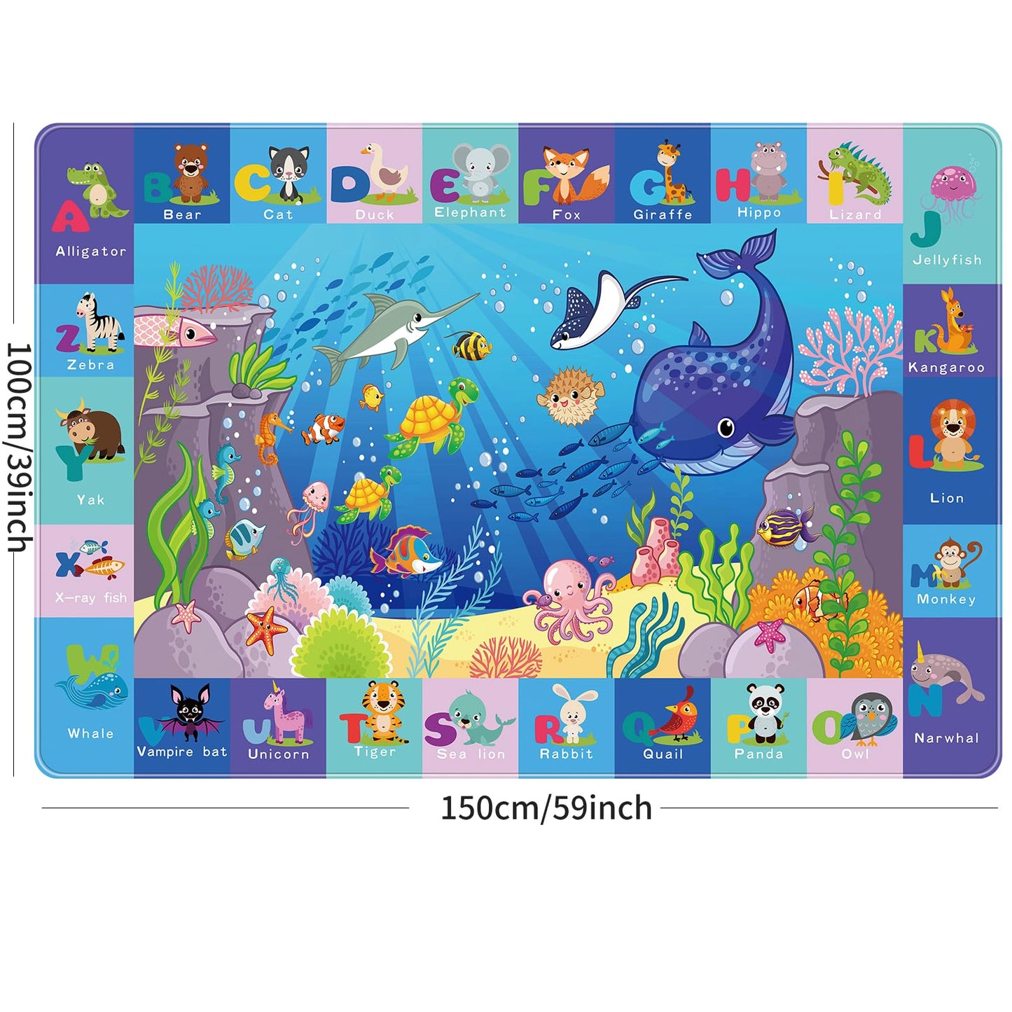 LTKOUGFAM Baby Mat for Floor-Underwater World Play Rug, ABC Kids Rugs for Playroom, Ocean Playmat Crawling Tummy Time Mat, Non-Toxic Non-Slip Foldable Mats (59X39.4 INCH)