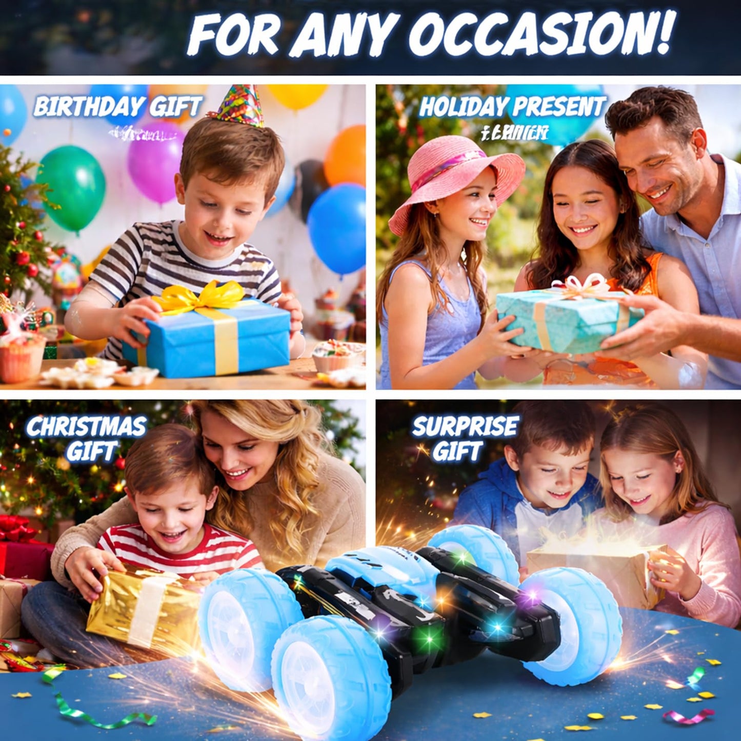 Titrot Remote Control Car for Kids, 360° Rotating Stunt Car, Double-Sided Driving, 2.4GHz RC Car, Rechargeable All-Terrain Toy, LED Glowing Wheels with Projection, for Boys & Girls Ages 4-8