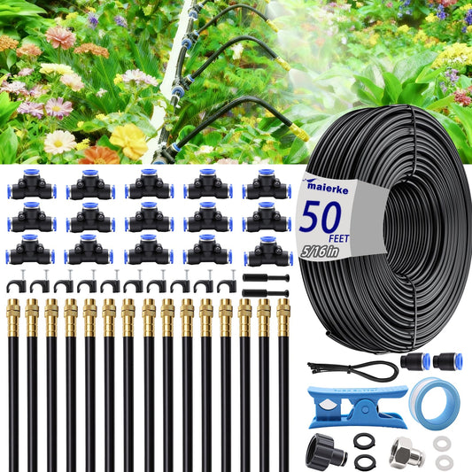 maierke 50FT 5/16 inch 360° Adjustable Drip Irrigation Kits Automatic Garden Watering Misting Atomizing System with 16pcs Bendable Nozzles for Yard, Lawn, Plant, Greenhouse, Garden(5/16 inch Hose)