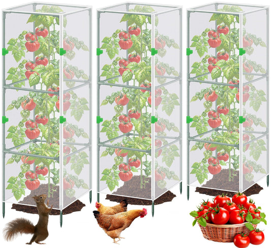 3Pack Garden Bird Netting Plant Cover for Square Tomato Cage,59"x17.7" Insect Bird Barrier Tomato Cage Net with Zipper&12pcs Clips,Tomato Trellis Netting Protection Mesh Cover for Protecting Plants