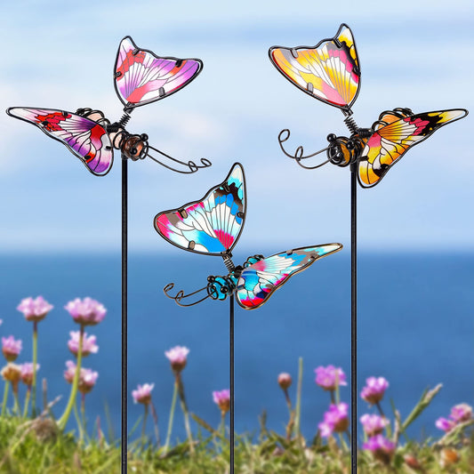 Juegoal Set of 3 Butterfly Garden Stake Decor, 20 Inch Colorful Butterflies Stakes, Glass & Metal Yard Art Ornaments for Mom, Mothers Day Ideal Gifts, Outdoor Lawn Pathway Patio Plant Pot, Flower Bed