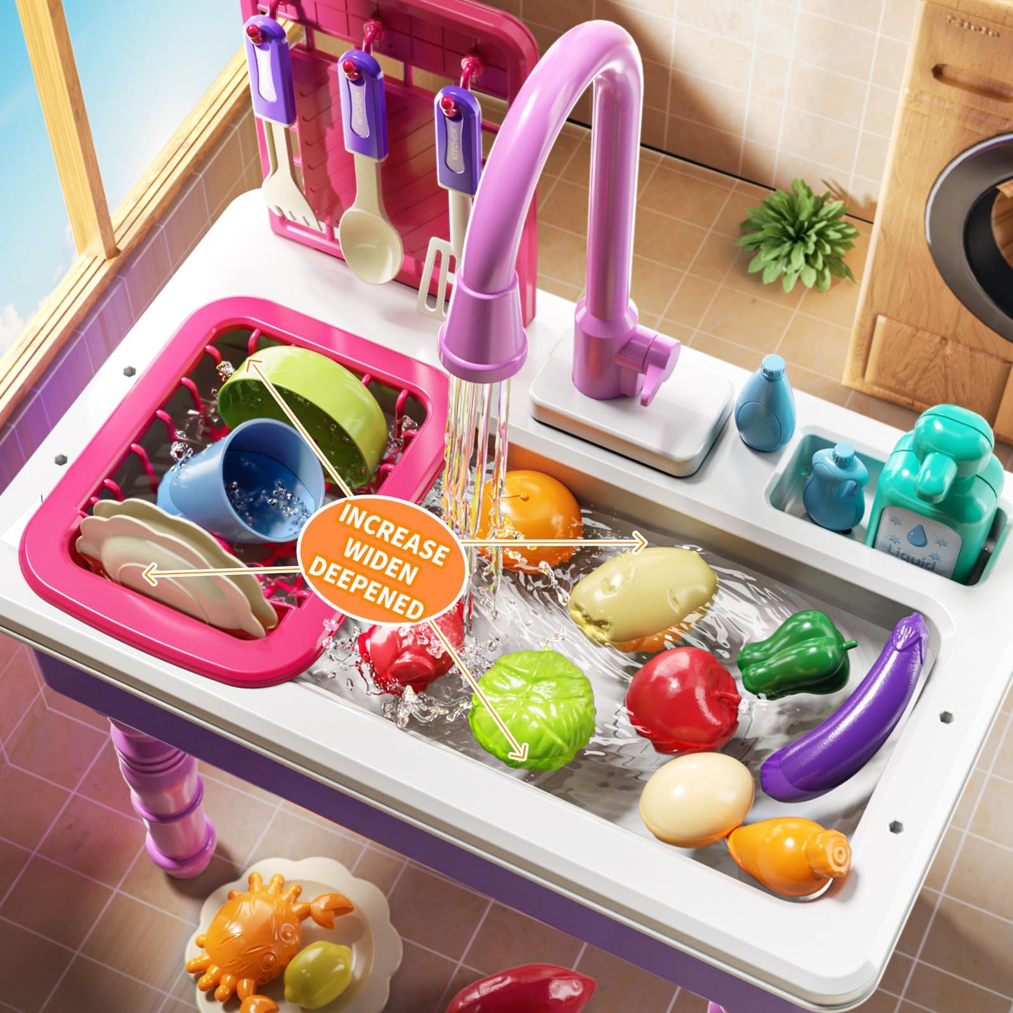 JUKUDAHU Play Sink with Running Water, Play Kitchen Toys Sink for Kids 3 4 5 6 7 Years Old, Electrical Dishwasher, Kitchen Accessories Set, Dishes Games, Gifts for Toddlers 3-5