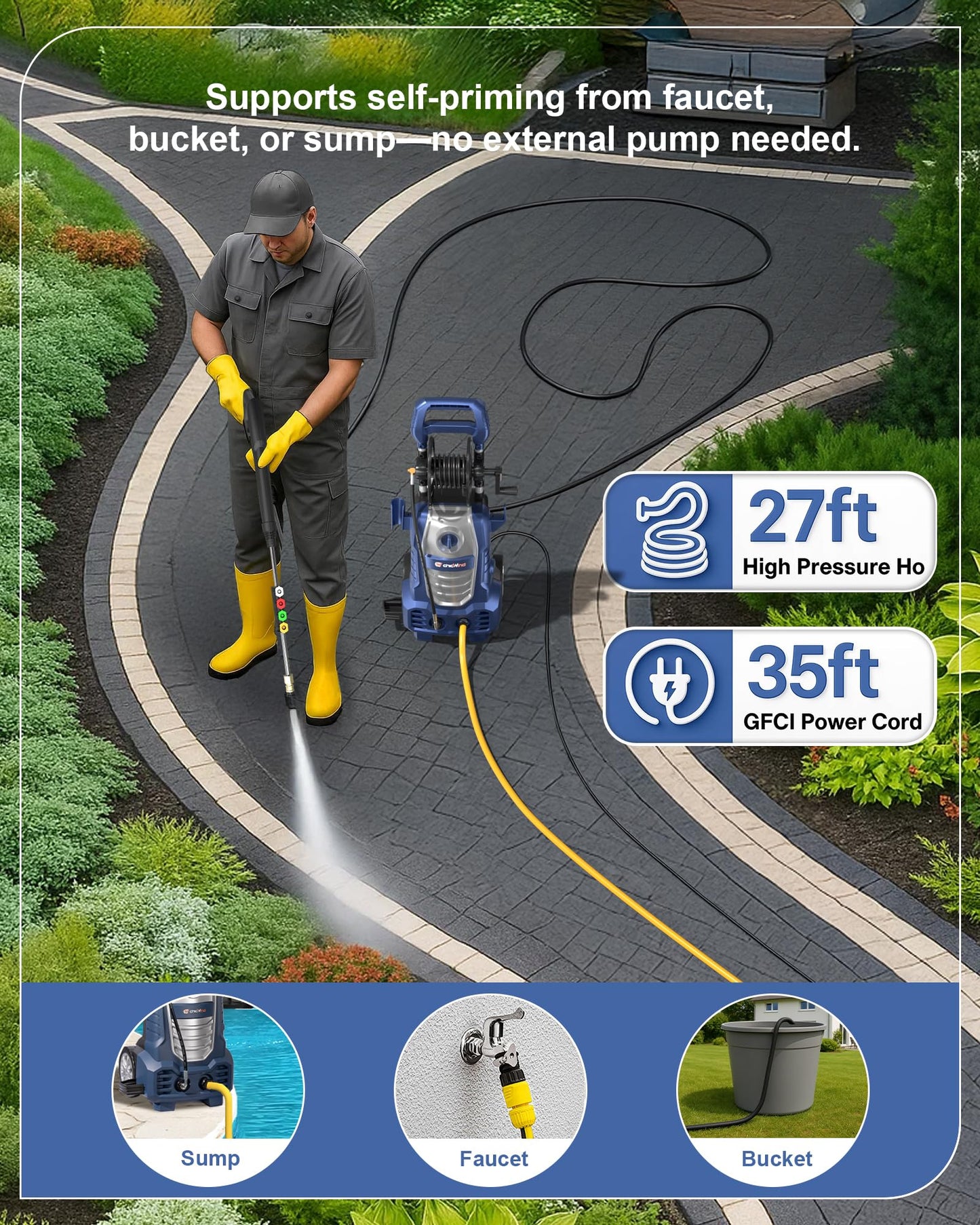 ChicWind 1800W Outdoor Cleaner Washer with 5Nozzles Set&Foam Cannon,27ft Hose,Adjustable Handle,Power Washer for Driveways,Cars,Fences,Decks,Patios&Outdoor Cleaning
