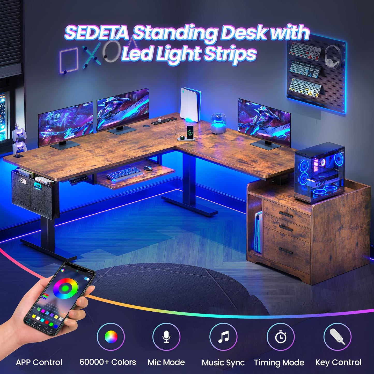 SEDETA L Shaped Electric Standing Desk with File Cabinet, 63 x 53'' Height Adjustable Home Office Computer Desk with 3 Drawers, Power Outlet, Stand up Gaming Table with Led Lights, Rustic Brown