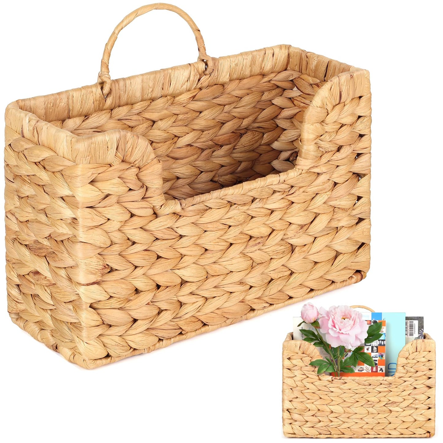 Handwoven Water Hyacinth Wall Magazine Holder - Natural Hanging Organizer for Mail, Newspapers & Magazines, Books & Files - Decorative Boho Storage Basket for Entryway, Bathroom, Living Room, Office.
