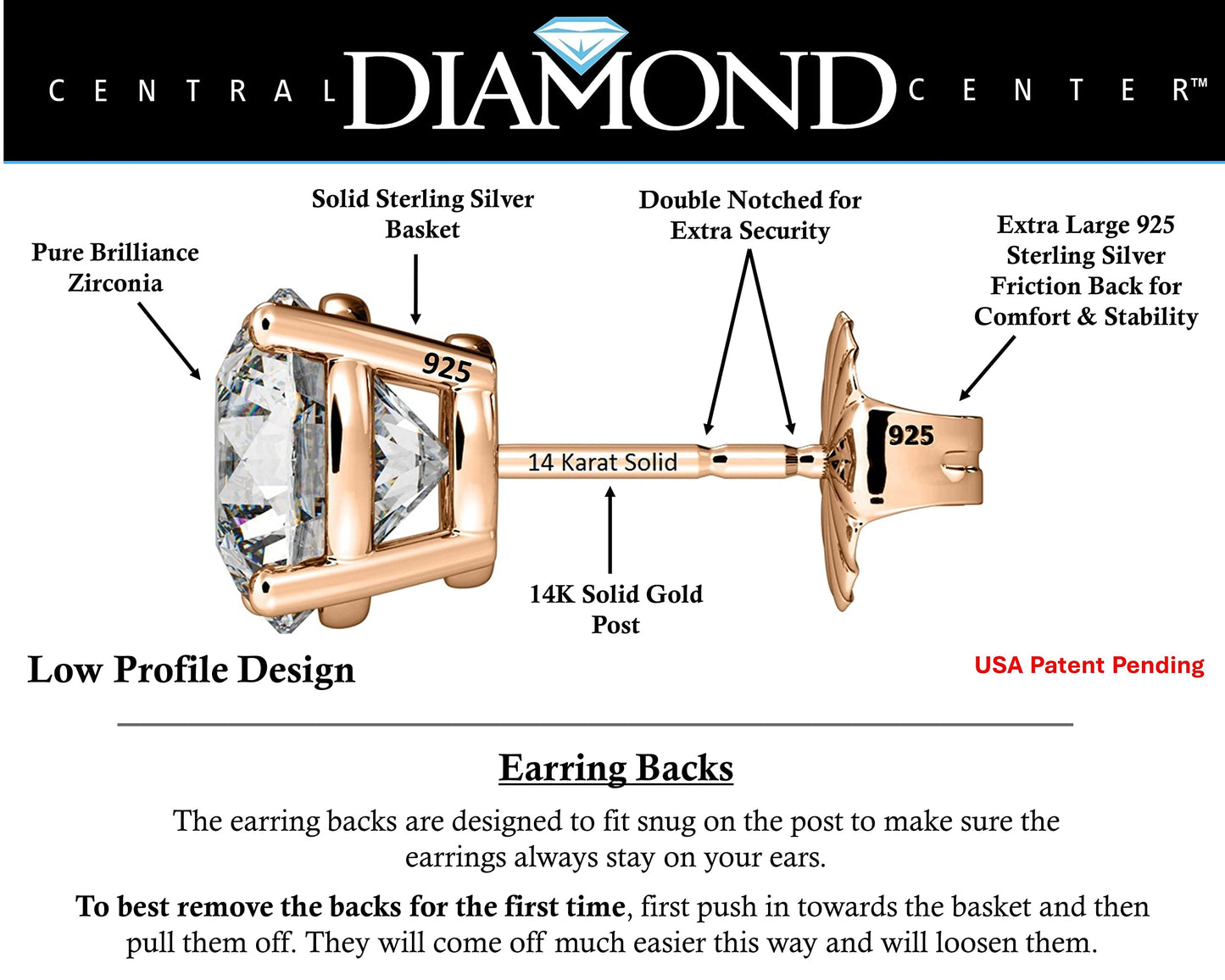 Central Diamond Center 14K Solid Gold Post & Sterling Silver Made with Swarovski 4 Prong CZ Stud Earrings - Rose Gold Plated - 4.0mm - 0.50cttw