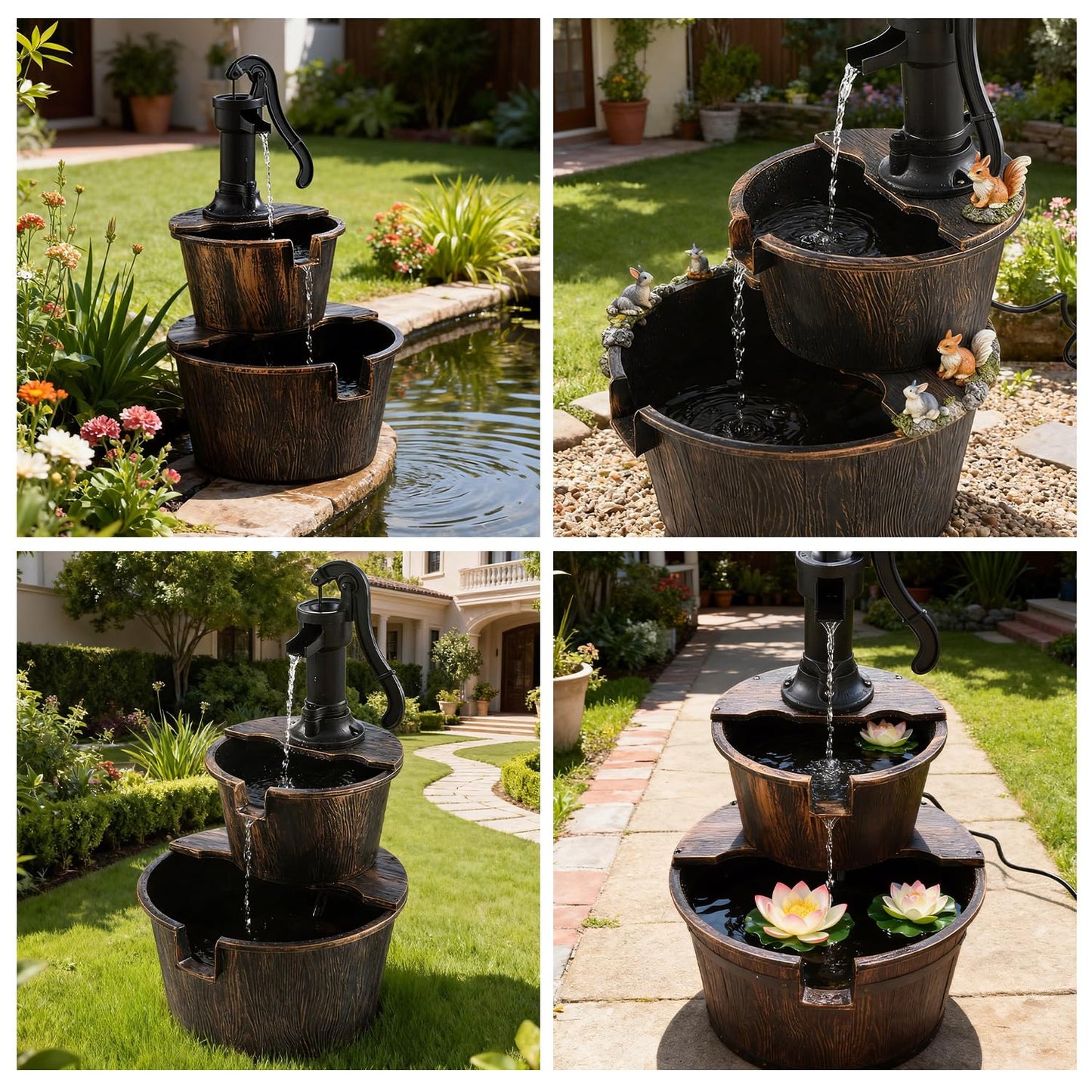3-Tier Freestanding Rustic Barrel Waterfall Fountain,40-Inch Wood Outdoor Water Fountain with Pump for Garden,Patio, Backyard and Porch