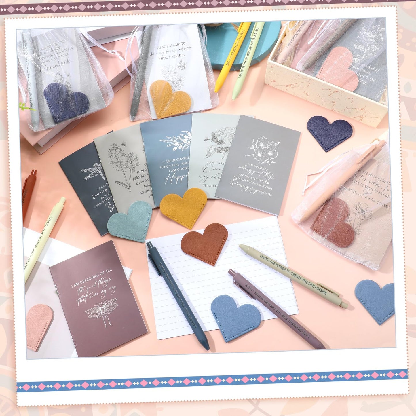 Kosiz 12 Sets Positive Affirmation Gifts Bulk, Motivational Quote Notebooks Inspirational Pens Leather Heart Bookmarks Bags Encouragement Gift Set for Mother's Day Teachers Employee Appreciation Event