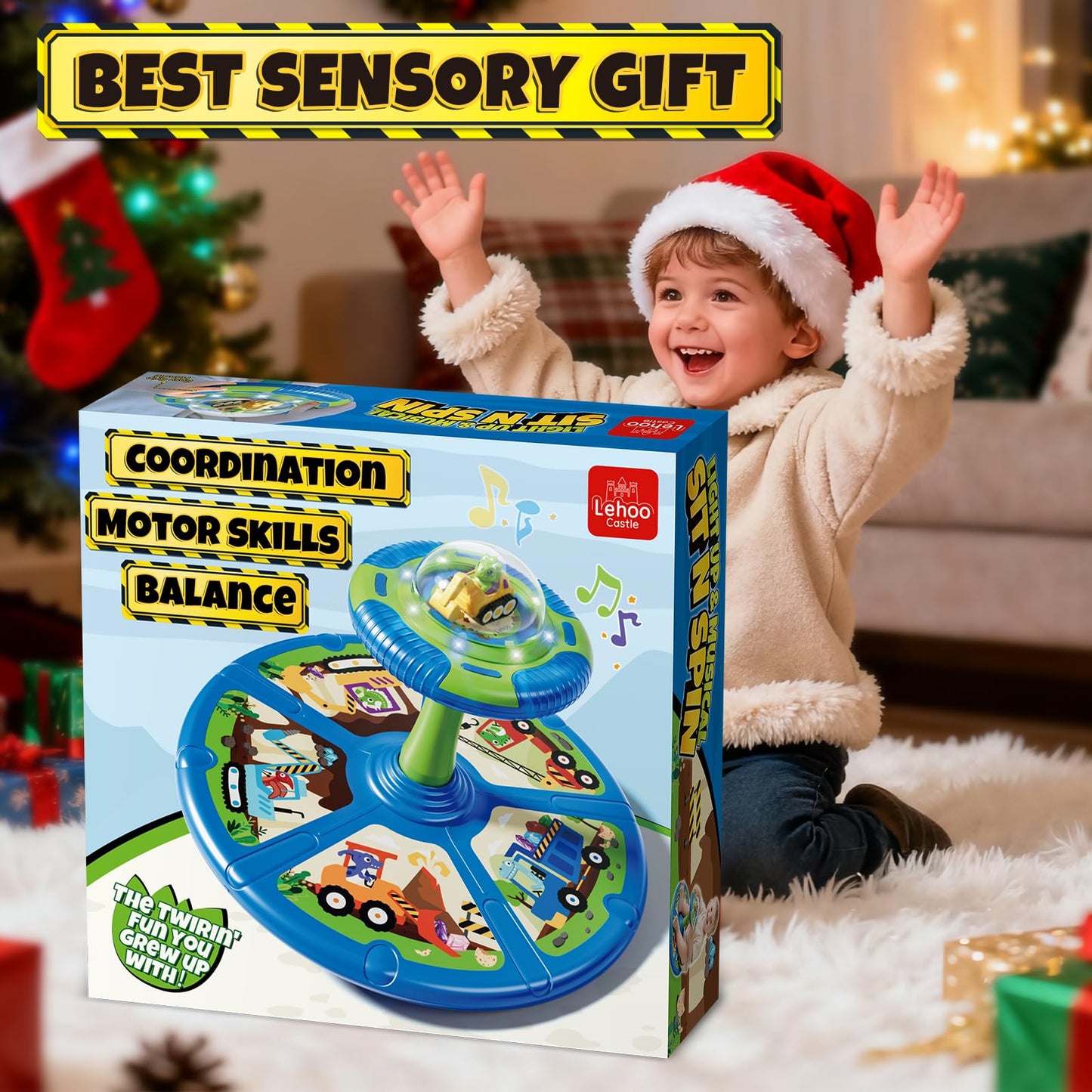 Lehoo Castle Dinosaur Sit and Spin Toys for Toddlers 1-3 Boys Birthday Gift, 360° Toddler Spinning Seat with Lights and Music, Sensory Toys for Boys Age 2-4