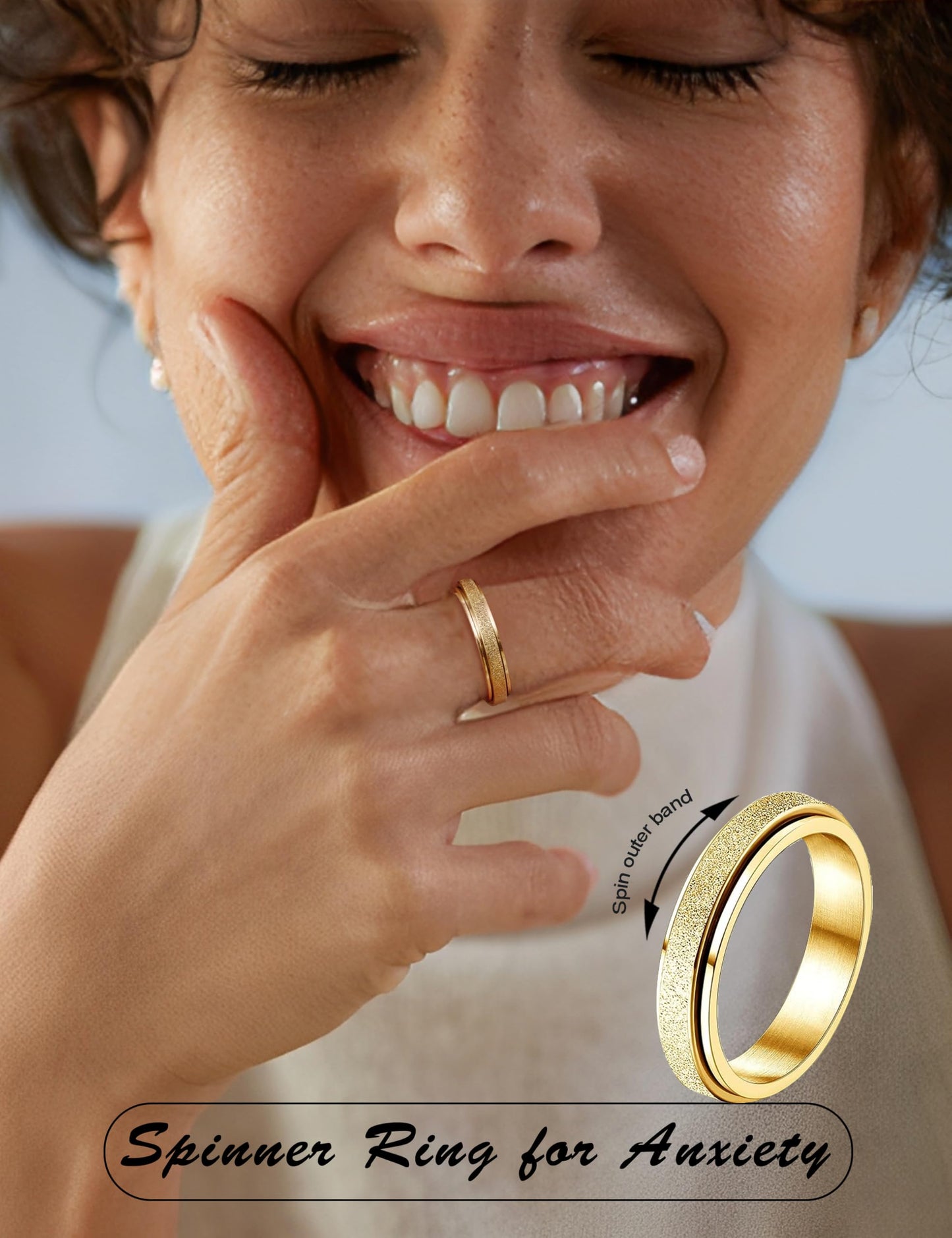 Diamday Fidget Rings for Women Men - 4mm Gold Spinner Stainless Steel Ring for Anxiety Stress Relief Glitter Sandblast Spinning Figit Anxiety Jewelry for Wedding Promise Size 8