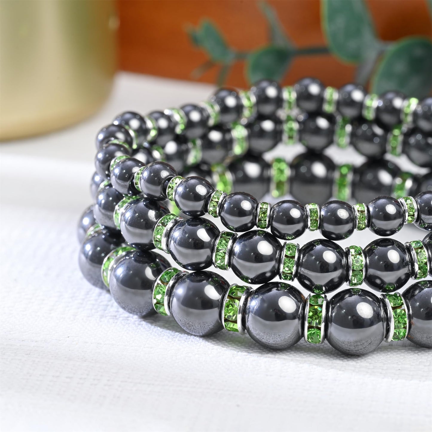 Apocalyptic-K Women's Magnetic Bracelet，Hematite Bracelets，Magnetic Bracelets With Zirconia,Handmade Stretch Bracelet，Eliminates static electricity. (Green Zirconia，8MM)