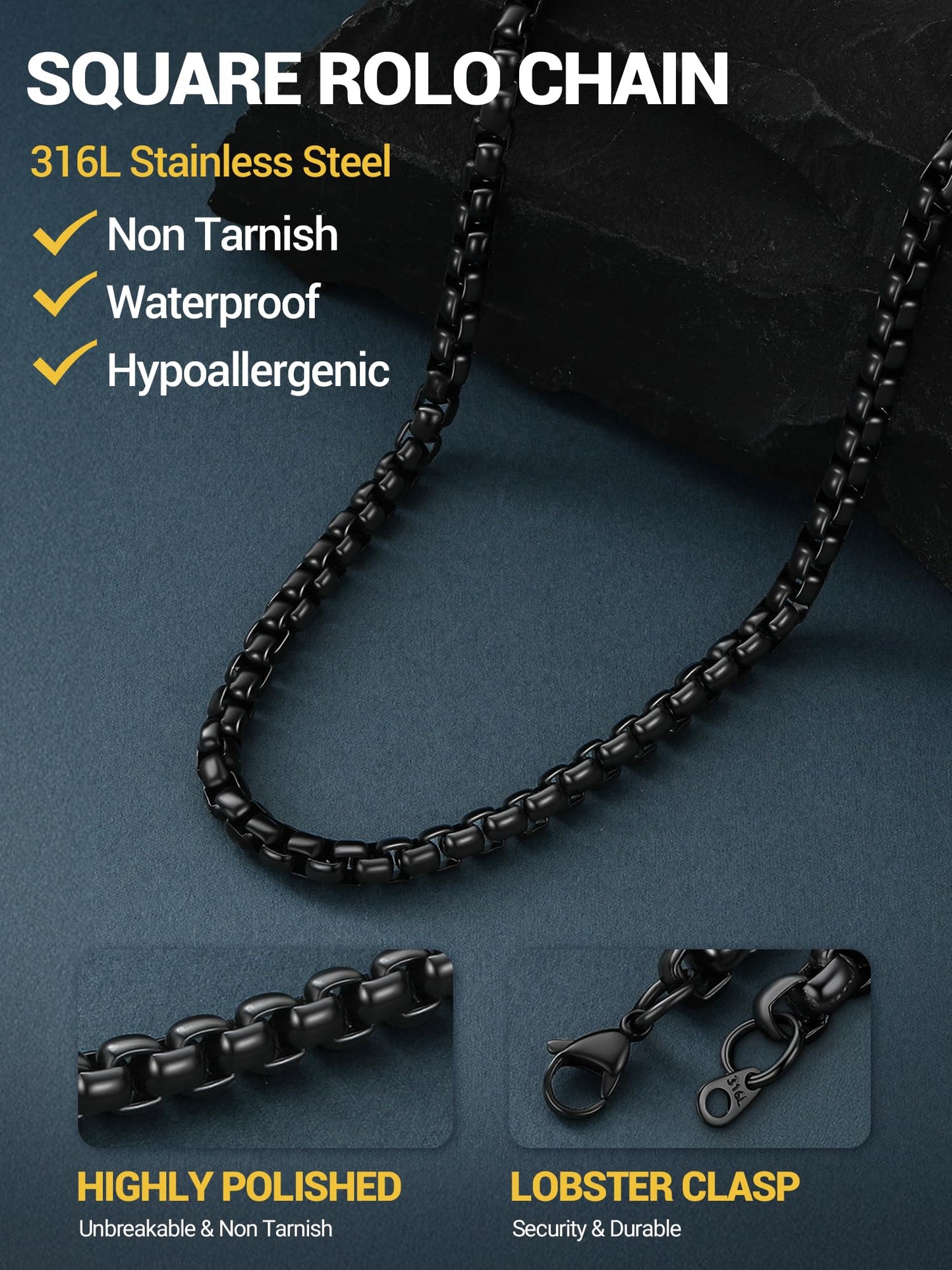 PROSTEEL Squre Rolo Link Chains, Black Stainless Steel Chain Necklace Waterproof & Non Tarnish 6mm Link Chains for Men and Women Jewelry with Gift Box 20in