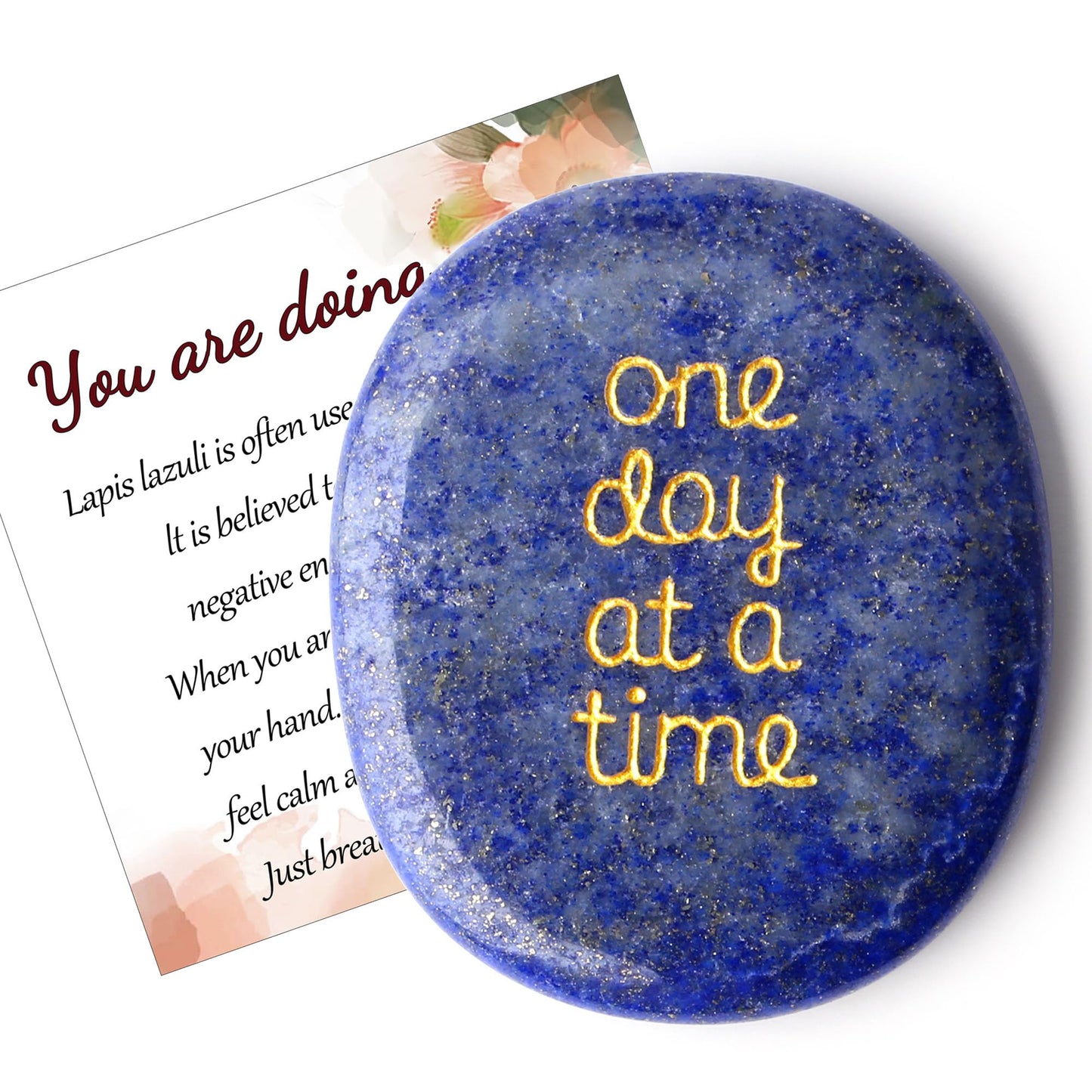 QINJIEJIE One Day at A Time Lapis Lazuli Worry Stone Healing Crystal Thumb Stones Thinking of You Gifts for Anxiety Relief Items You Got This Inspirational for Friend Encouragement Gift for Women Men