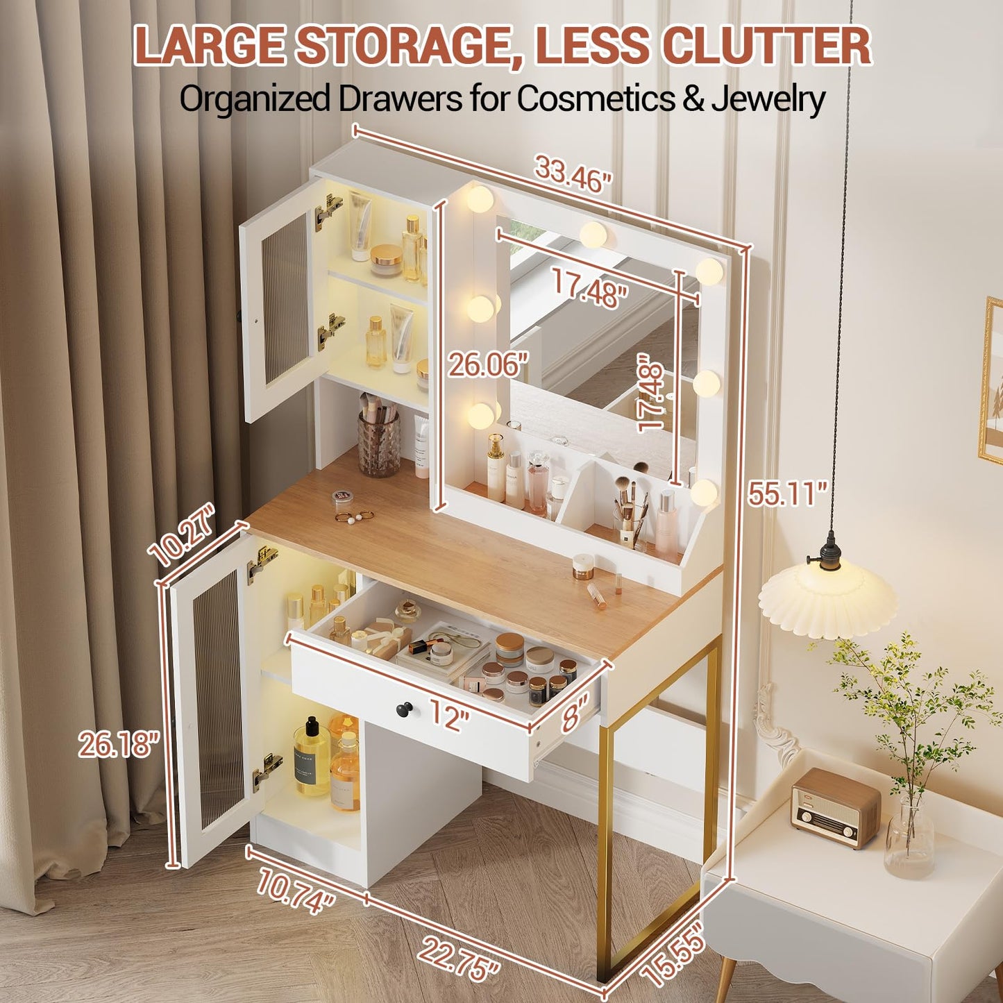 GarveeHome Makeup Vanity Desk with Mirror and Lights, Vanity Table with Charging Station, 2 Compartments, 2 Acrylic-Door Cabinets & RGB Lights, Dressing Table for Bedroom, White and Natural