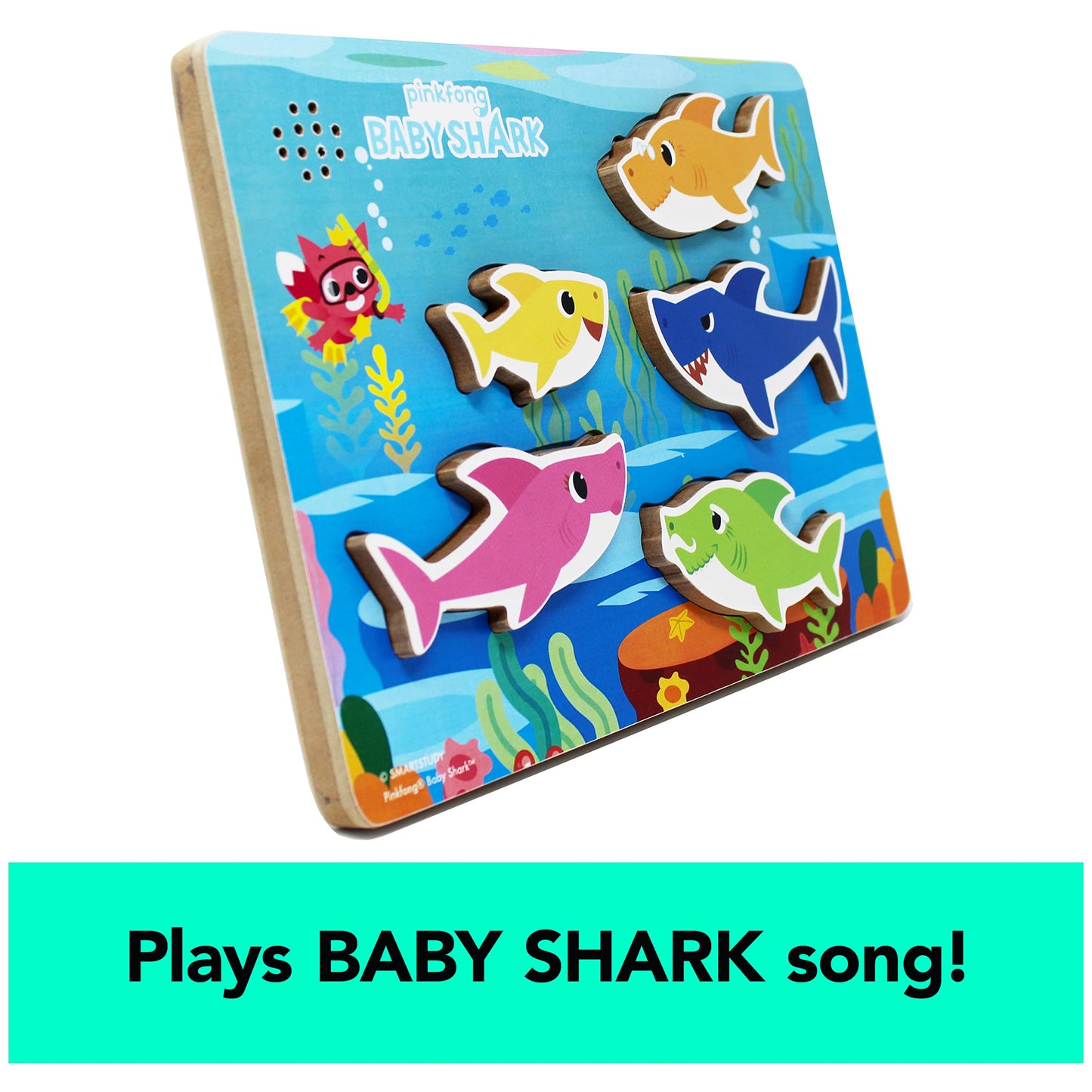 Spin Master Games, Pinkfong Baby Shark Musical Wooden Sound Puzzle, Plays Viral Song, 5 Pieces, Toddler Toys, for Ages 2 & Up