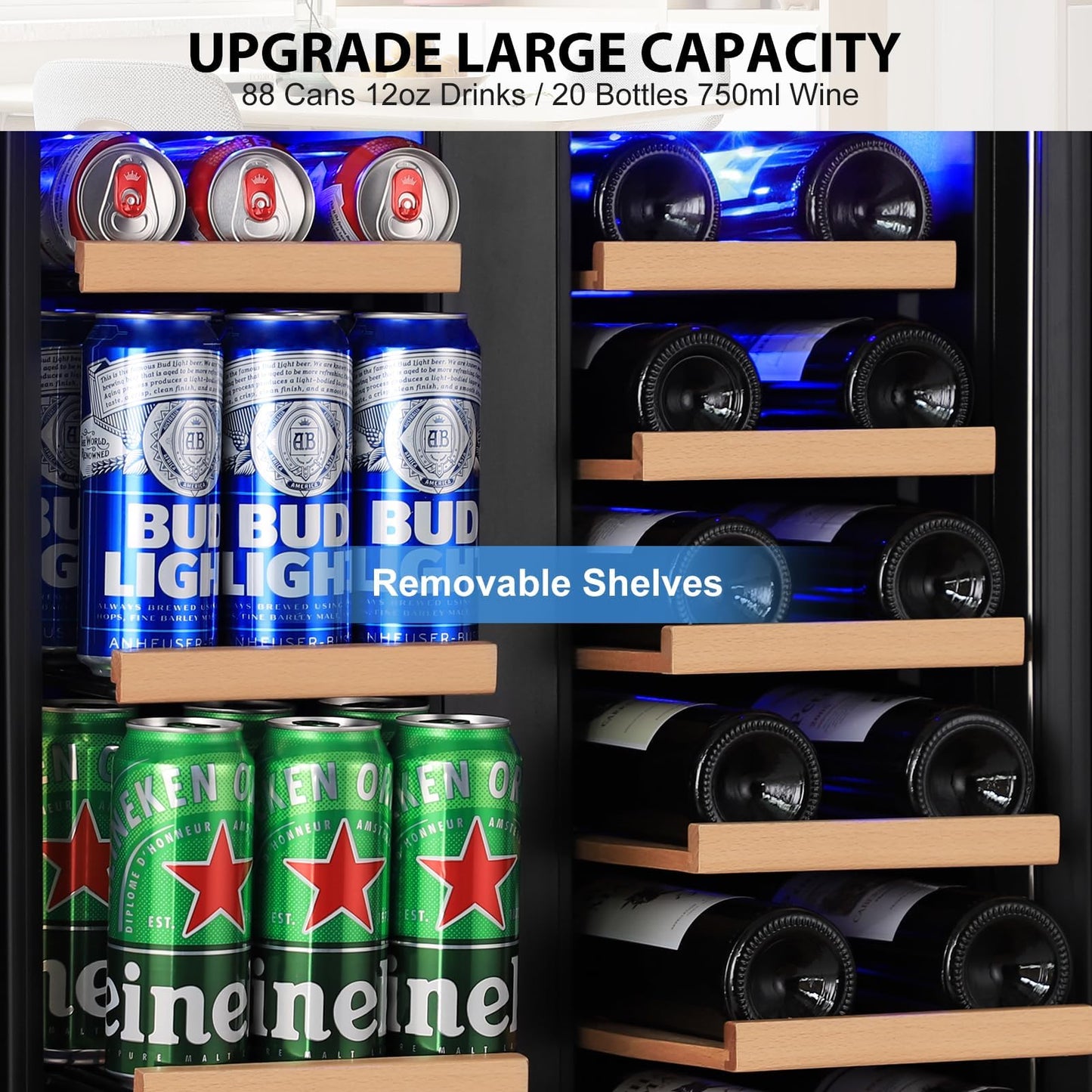 24" Dual Zone Wine & Beverage Refrigerator – Under Counter Cooler with Upgraded Cooling & Blue LED Light, Hold 20 Bottles and 88 Cans Large Capacity Wine Fridge, Built-In or Freestanding – Black