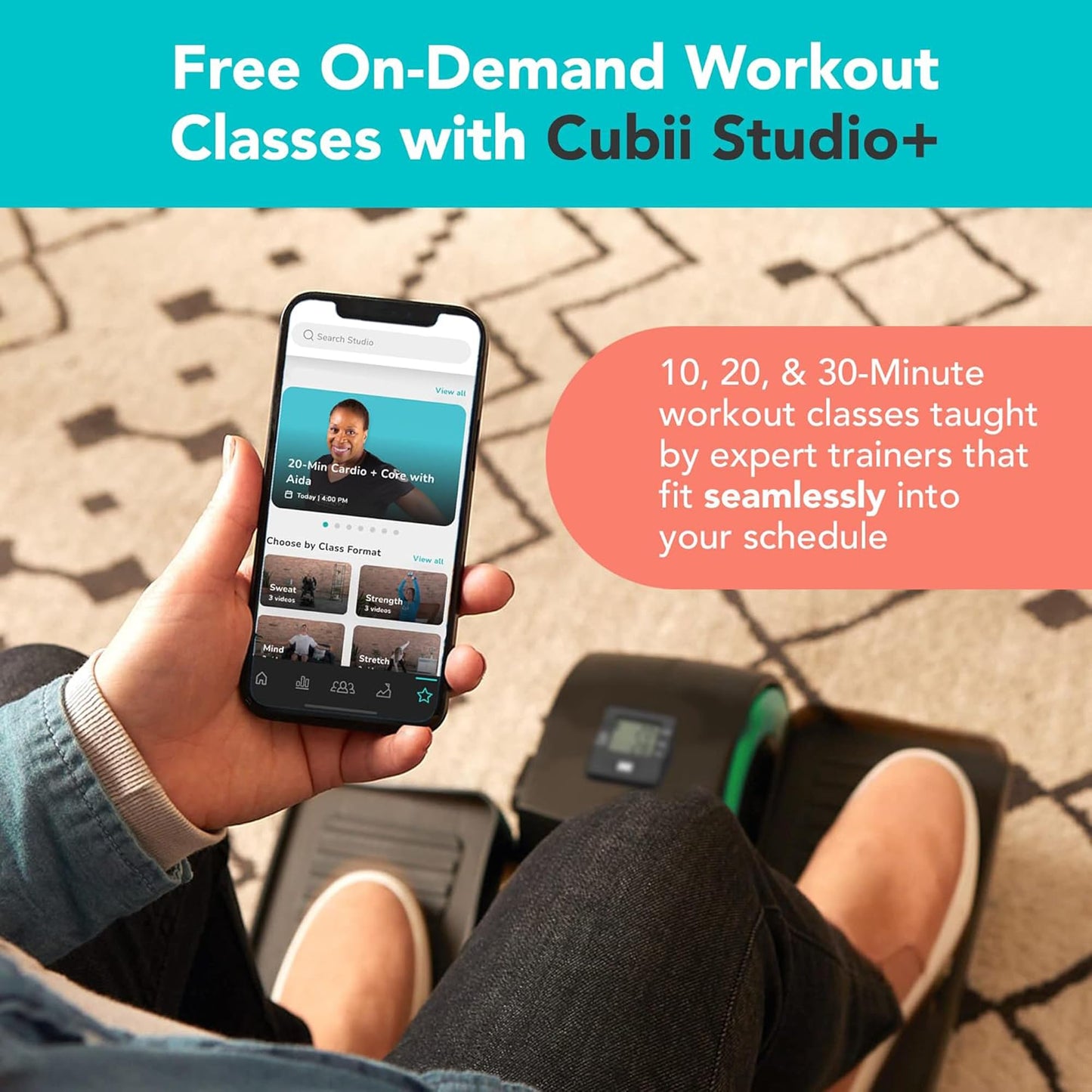Cubii GO Aqua - Compact Whisper Quiet Under Desk Elliptical with LCD Monitor, Adjustable Resistance, Portable Design with Telescopic Handle & Wheels