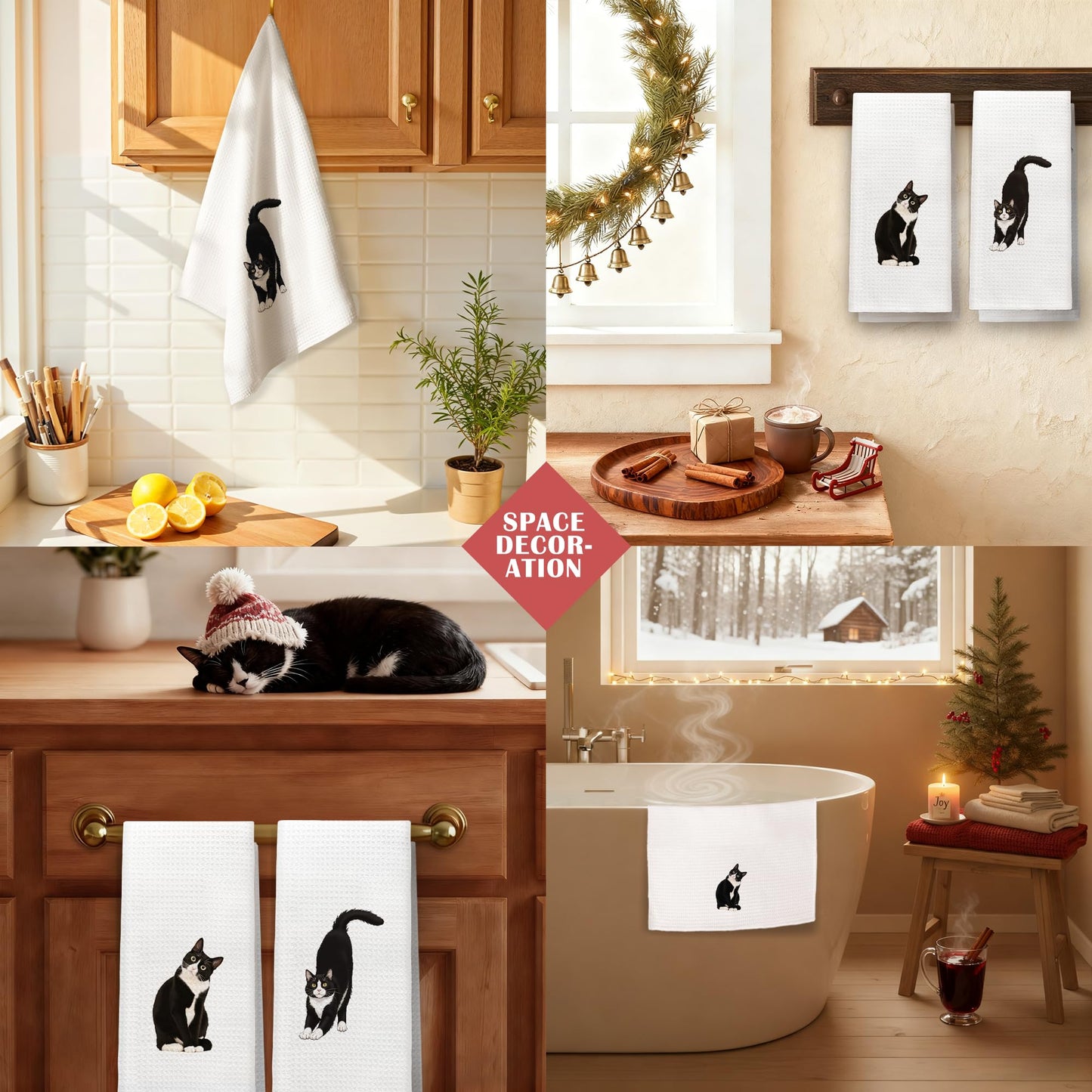 Exqcom Funny Tuxedo Cat Kitchen Towels Set of 2, Cat Lover Mom Lady Gifts Hand Towels for Bathroom Kitchen, Black and White Kitty Kitten Decorative Dish Towels Drying Cloth, 16x24 Inch Set of 2