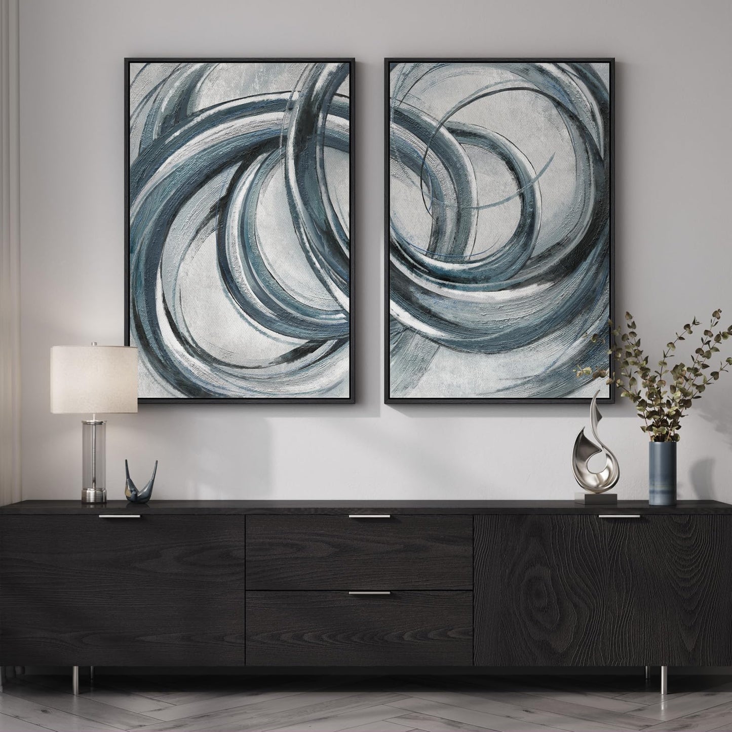 Framed Blue Gray Abstract Wall Art Set of 2, Modern Circle Line Canvas Artwork for Walls, Contemporary Abstract Paintings Prints for Living Room Bedroom Office Hallway Wall Decor, 24x36 In