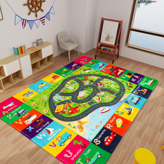 AKASISRUG ABC Transportation Kids Rugs 78.7"×59" for Playroom Educational Alphabet Mat