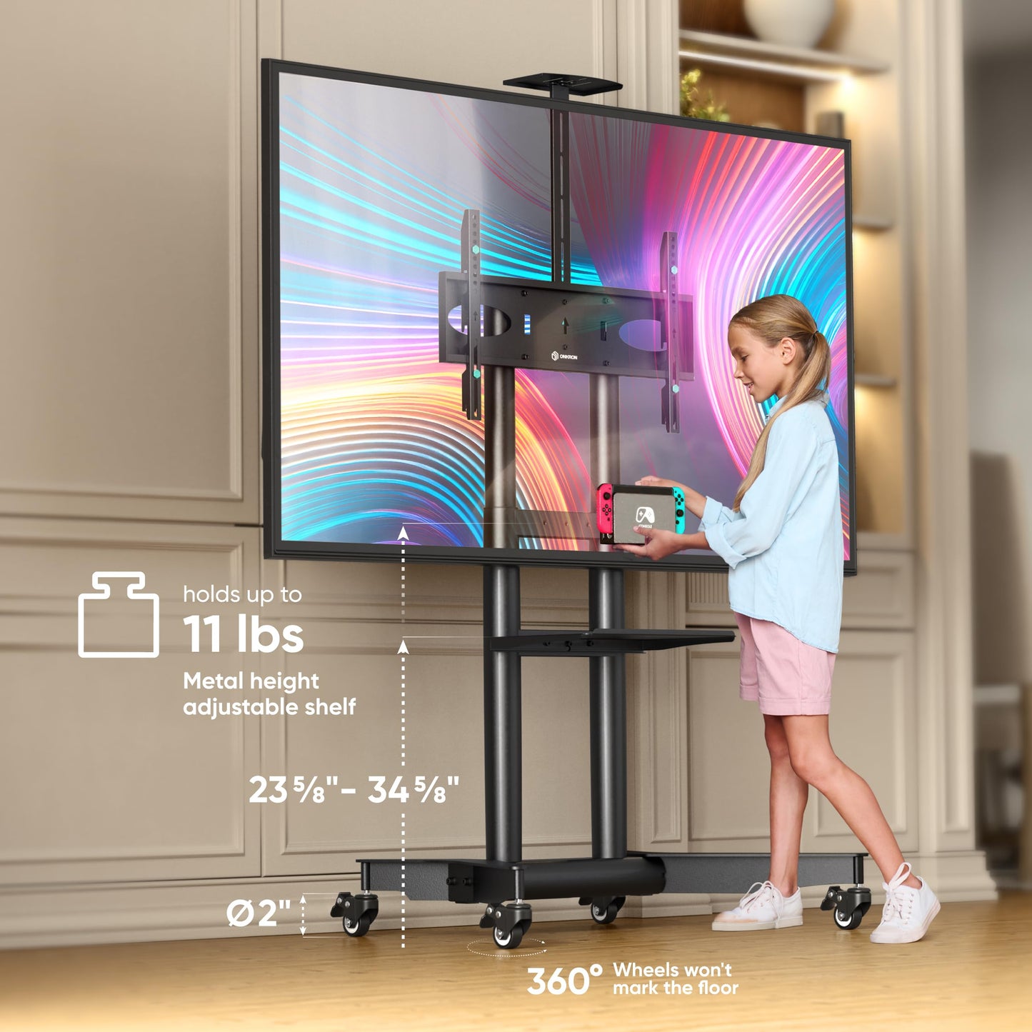 ONKRON Mobile TV Stand on Wheels for 32-75 Inch Screen, max Load 132 lbs, Height Adjustable TV Portable Stand, VESA 200x200-600x400, TV Cart Rolling TV Stand with Wheels and Shelf Black