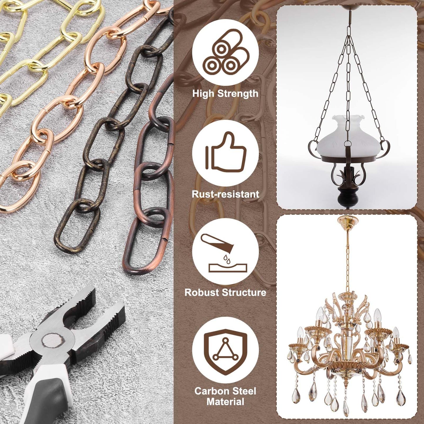 uxcell 3ft Lighting Hanging Chain, 3.8mm/0.15" Looping Metal Pendant Chandelier Chain Extension with 2 Quick Link Lock for Hanging Plant Pendant Chandelier Light Fixture, Light Golden
