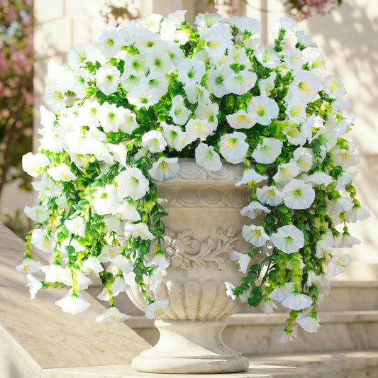 Ivydale 2 PCS Artificial Hanging Flowers Fake Plants for Winter Christmas Outdoor,Faux Silk White Morning Glory with Eucalyptus UV Resistant Realistic Hanging Petunias Vines for Home Garden Decor