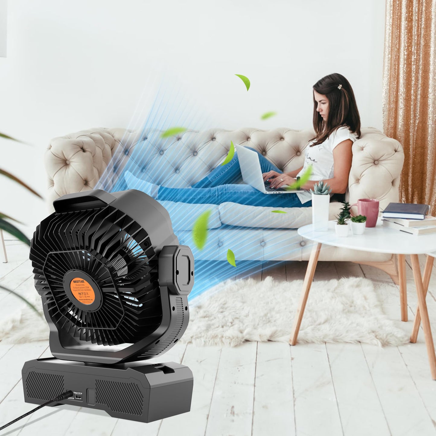 WESTTREE Battery Powered Fan Powerful Airflow Battery Operated Air Circulator Fan for Bedroom,Quiet & 360°Auto Oscillating Rechargeable Camping Fans with LED Light (RGBW) X66 Black