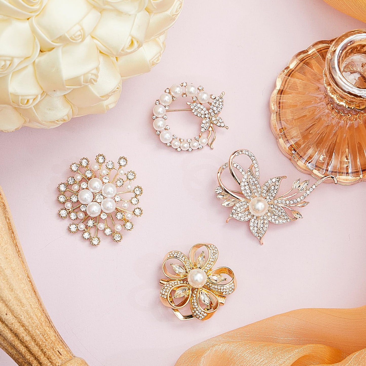 Ecally 4 Pcs Flower Brooch Pins for Women, Crystal Pearl Brooch and Pins for Dress, Coat, Shawl – Gift for Mother，Wedding (Exquisite)