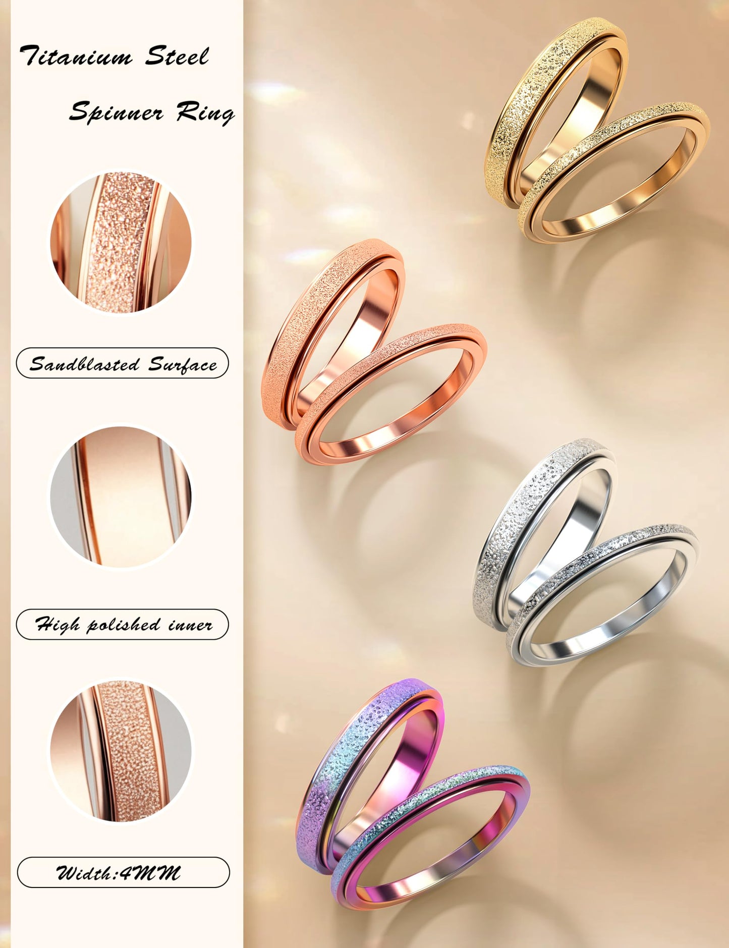 Diamday Fidget Rings for Women Men - 4mm Rose Gold Spinner Stainless Steel Ring for Anxiety Stress Relief Glitter Sandblast Spinning Figit Anxiety Jewelry for Wedding Promise Size 8