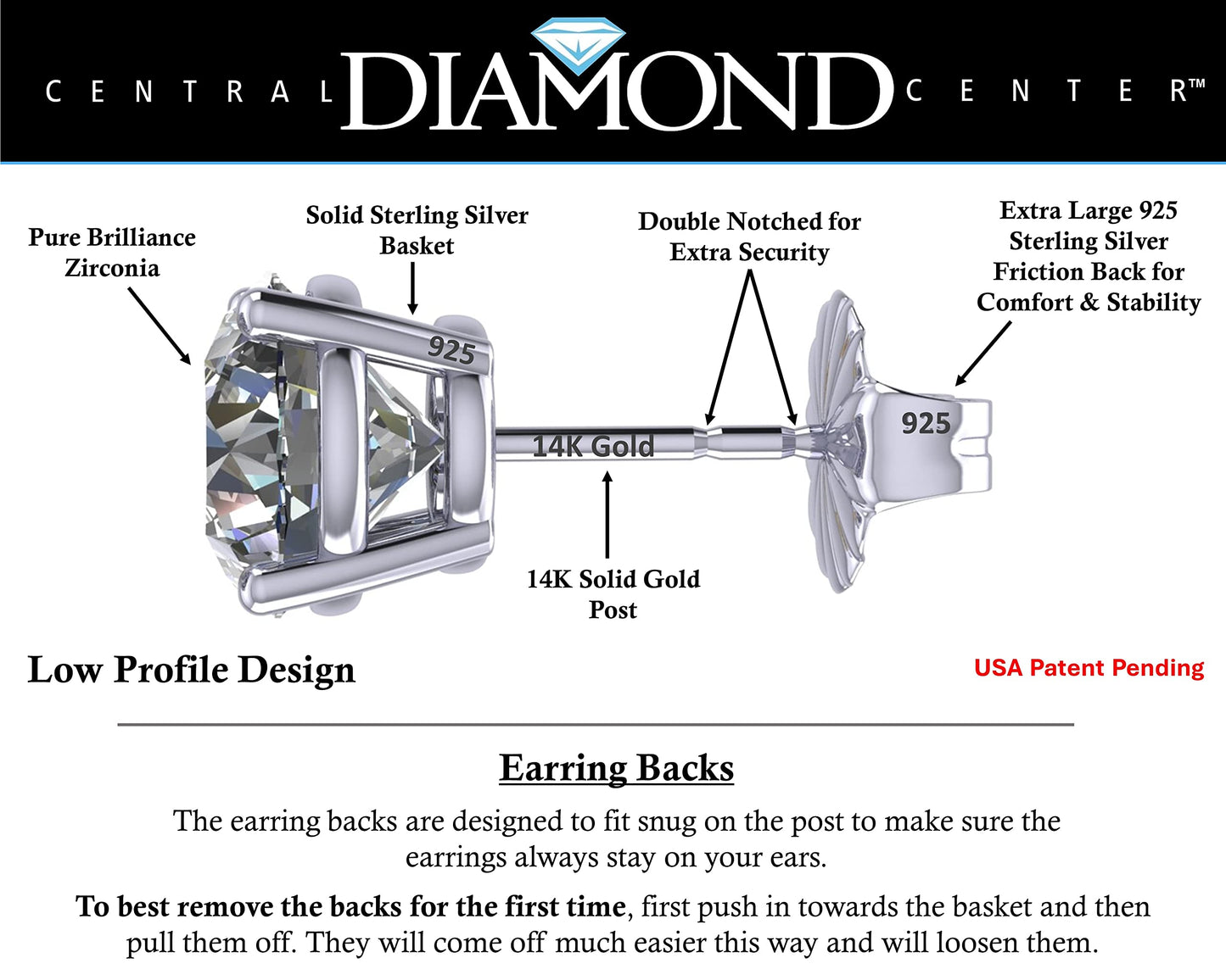 Central Diamond Center 14K Solid Gold Post & Sterling Silver Made with Swarovski 4 Prong CZ Stud Earrings - Platinum Plated - 4.0mm - 0.50cttw