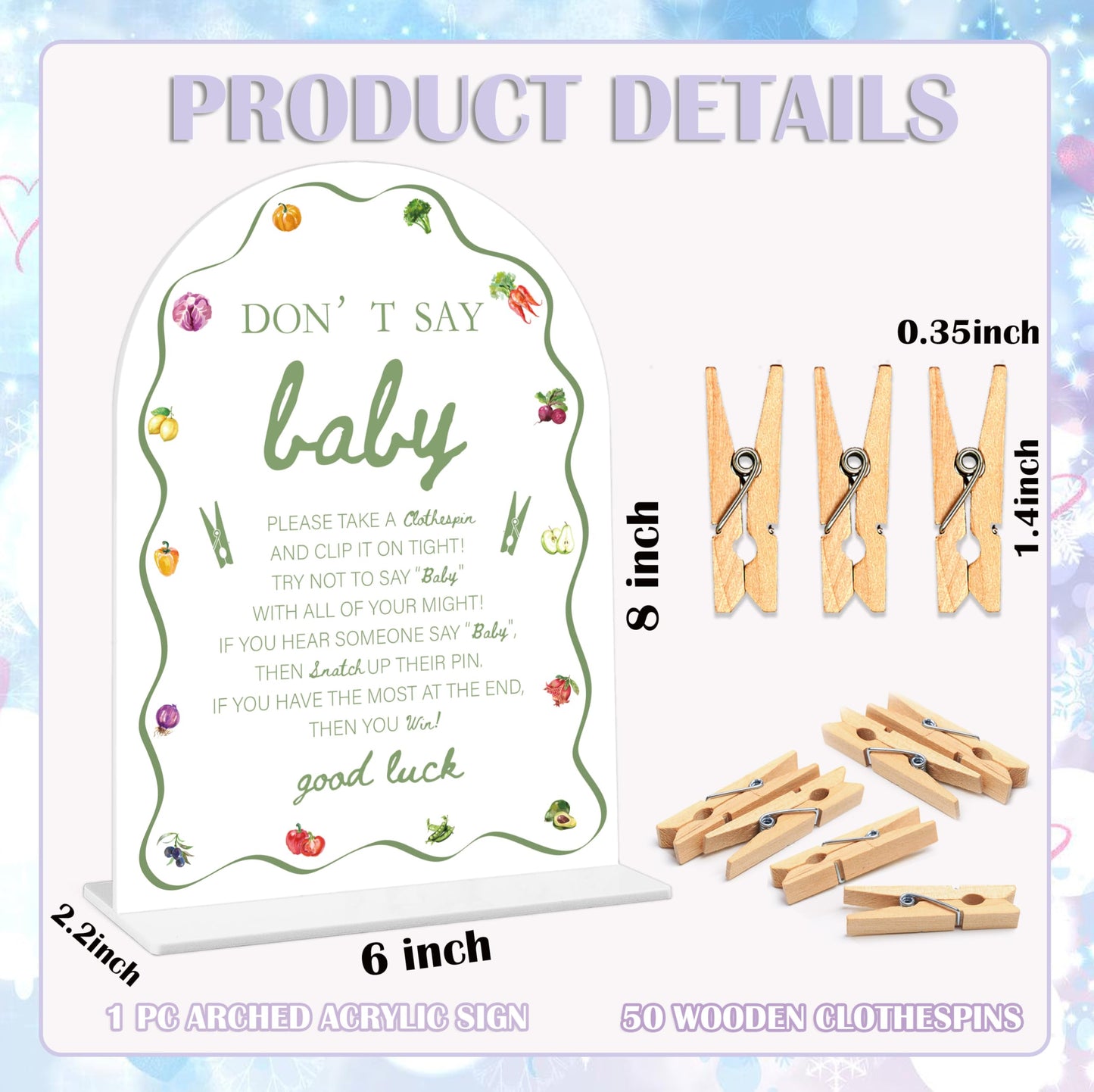 Baby Shower Games - Locally Grown Don't Say Baby Clothespin Game, 1 Sign and 50 Mini Clothespins, Gender Reveal Game, Farmers Market Baby Shower Decoration Supplies (ARI07)