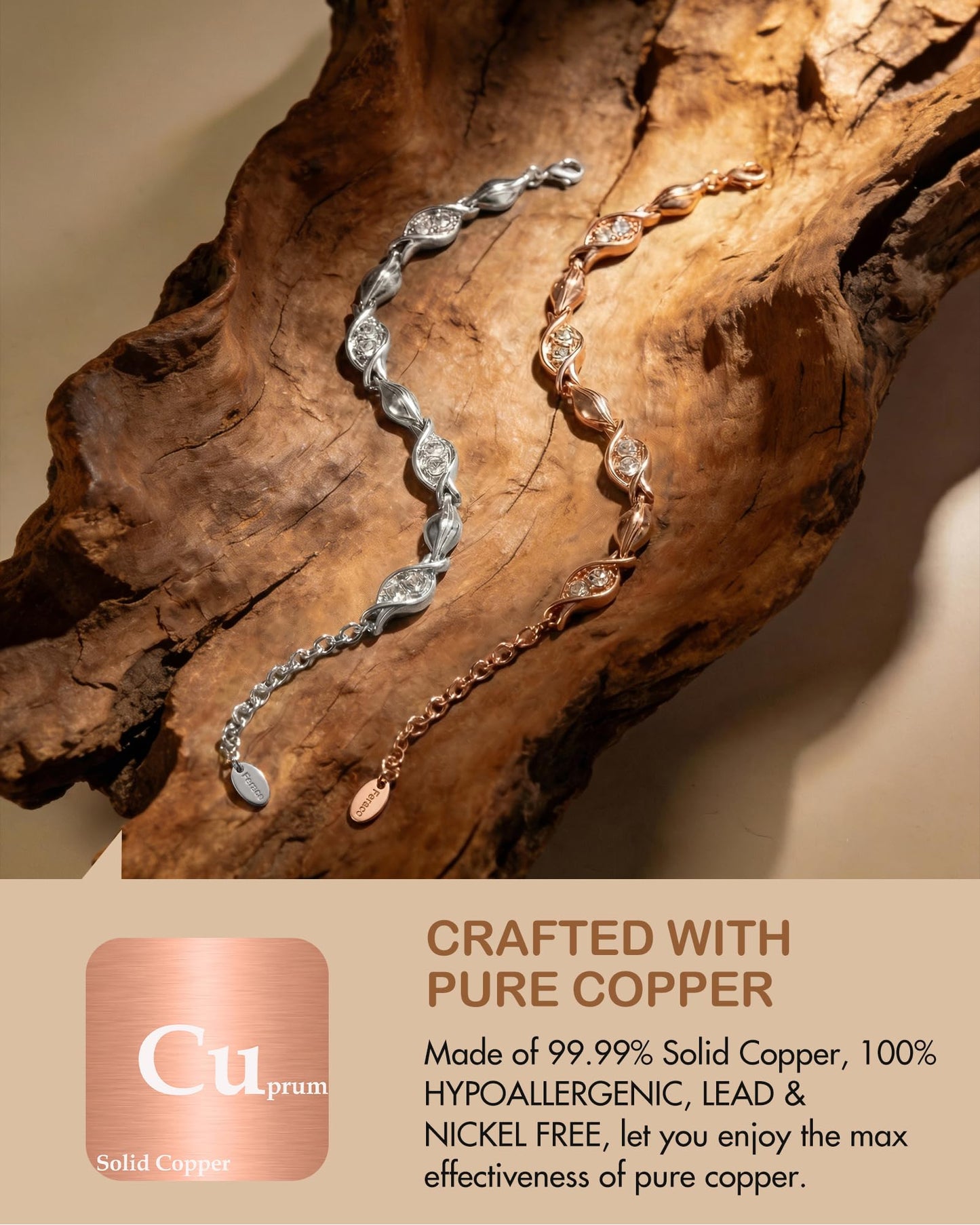 Feraco Pure Copper Bracelets for Women, Ultra Strength Magnetic Bracelet for Women with 3800 Gauss Magnet & Dazzling Austrian Crystals Stone, Copper Jewelry Gift (Silver)