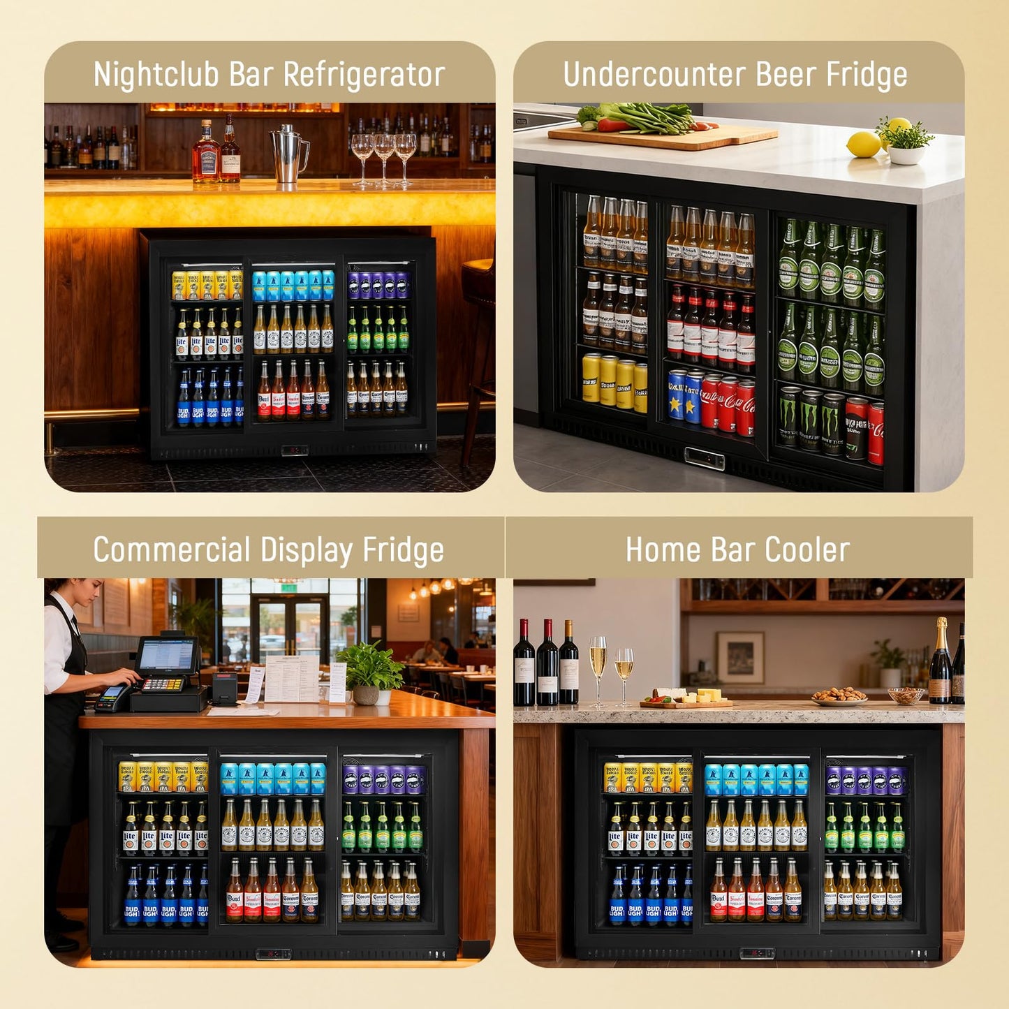 Bluelinecool Commercial Back Bar Cooler with 3 Glass Sliding Doors, 11.5 cu.ft Under Counter Beverage Refrigerator, LED Lighting - ETL Beer and Wine Cooler for Bar, Restaurant, Garage, Office, Home