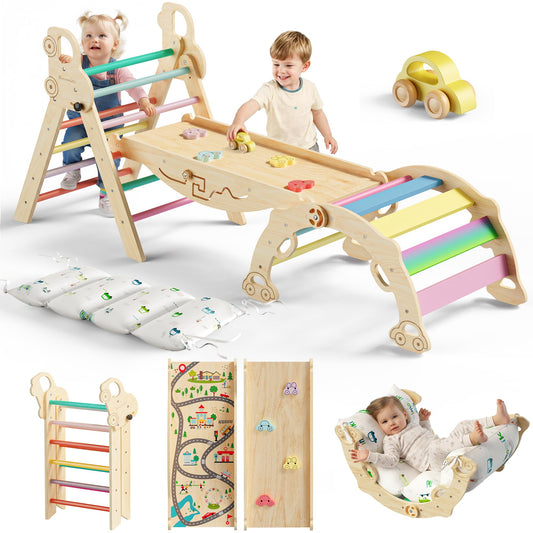 Bimomiki Pikler Triangle Climbing Set with Cushion, Foldable Climbing Toys Indoor, Montessori Toddler Gym, 10-in-1 Climber & Playground, Gift for Christmas, Birthday, New Year (Rainbow Valley)
