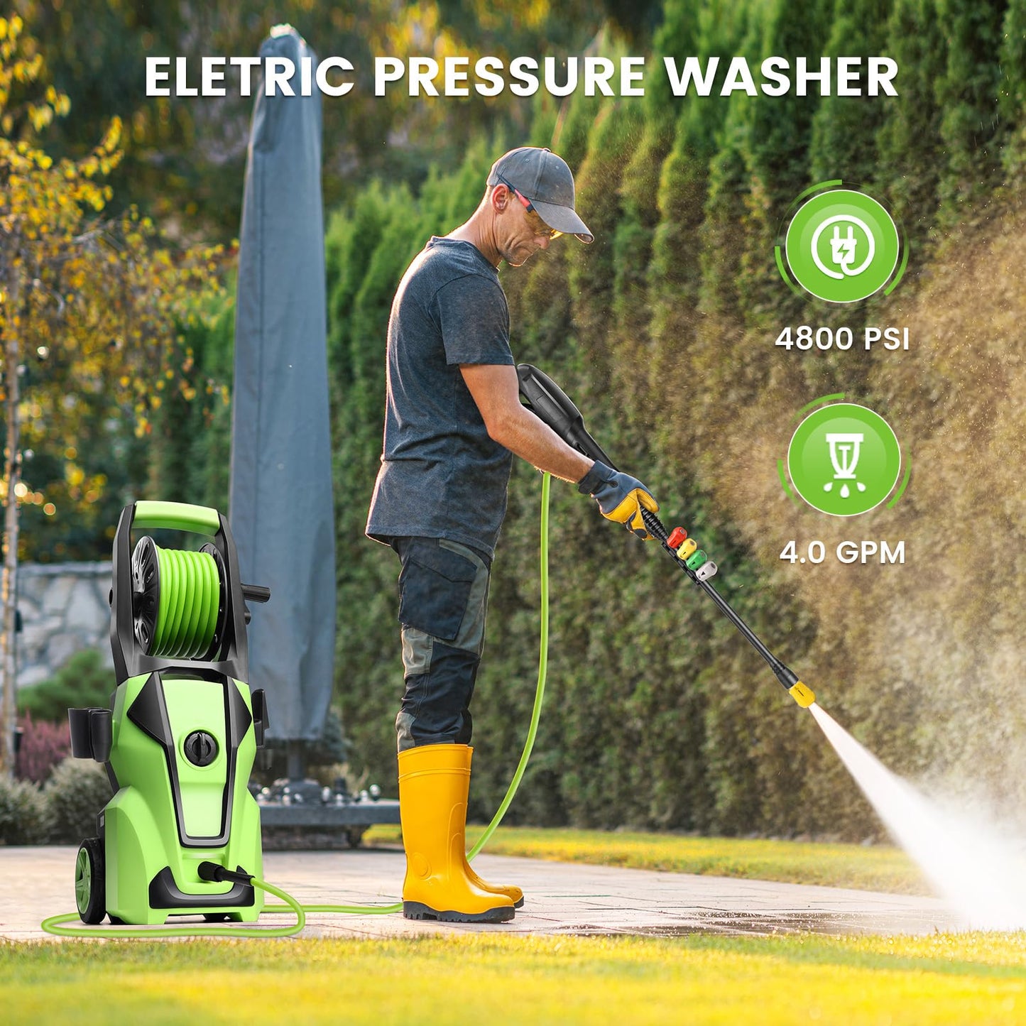Commowner Pressure Washer 5000PSI Adjustable Pressure Power Washers with 33ft Hose, 4 Nozzle and Foam Cannon, Powerwashers Cleaner Machine for Home, Cars, Light Green