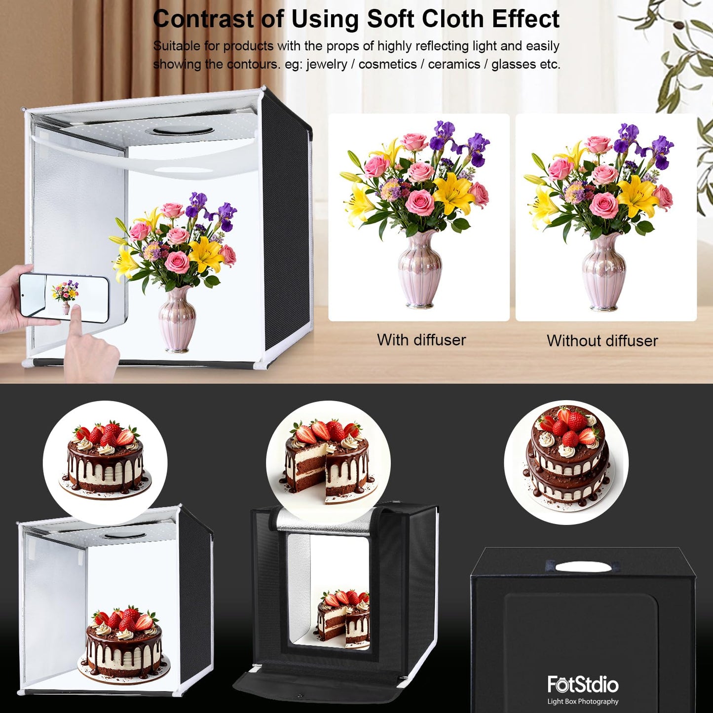 FotStdio 16x16 Inch Photo Studio Light Box Photography with 144 LEDs (CRI>95) & 6 Backdrops, Portable/Dimmable Folding Shooting Tents for Toys/Jewelry/Watches/Cosmetics/Food
