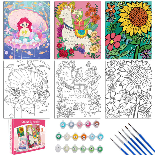 3 Pack Paint by Numbers Kit for Kids, 10*8"Color by Numbers for Kids Framed Canvas with 17 Acrylic Paint Pots and 6 Brushes, Paint by Numbers for Kids Age 8-12, Crafts Art Supplies for Kids 9-12