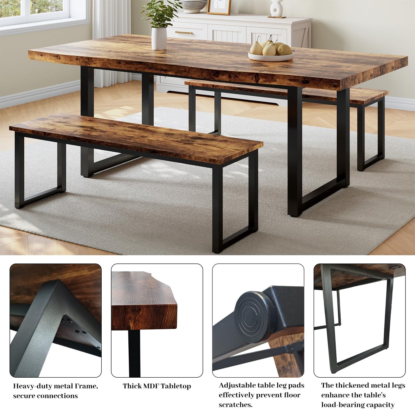 HIPIHOM 63" Dining Table with 2 Benches, Modern Kitchen Table and Chairs Set for 4 to 6 Persons, Thickened MDF Wooden Table for Dining Room, Kitchen