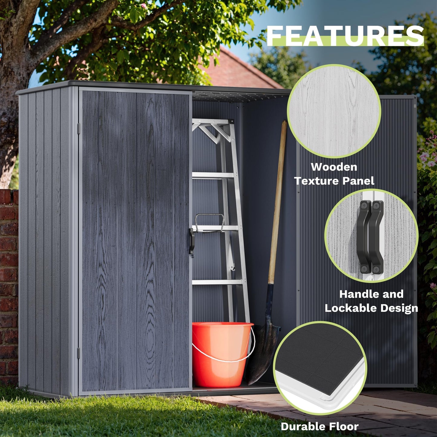 Devoko 5x3 FT Resin Outdoor Storage Shed with Floor, Plastic Outdoor Storage Cabinet, Waterproof Vertical Tool Shed with Lockable Door for Patio, Garden, Backyard, Dark Gray