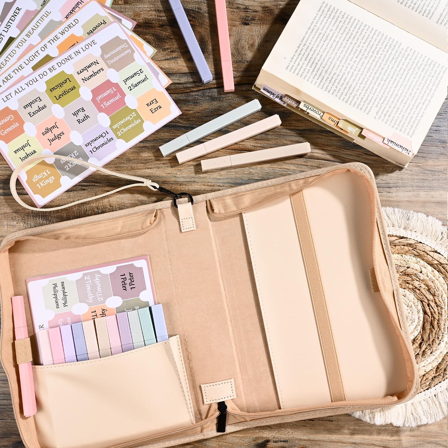 Bible Cover Case for Women Khaki Leather Floral Bible Storage Bag with Highlighters Tabs for Girls Bible Study Supplies Accessories Christian Gifts