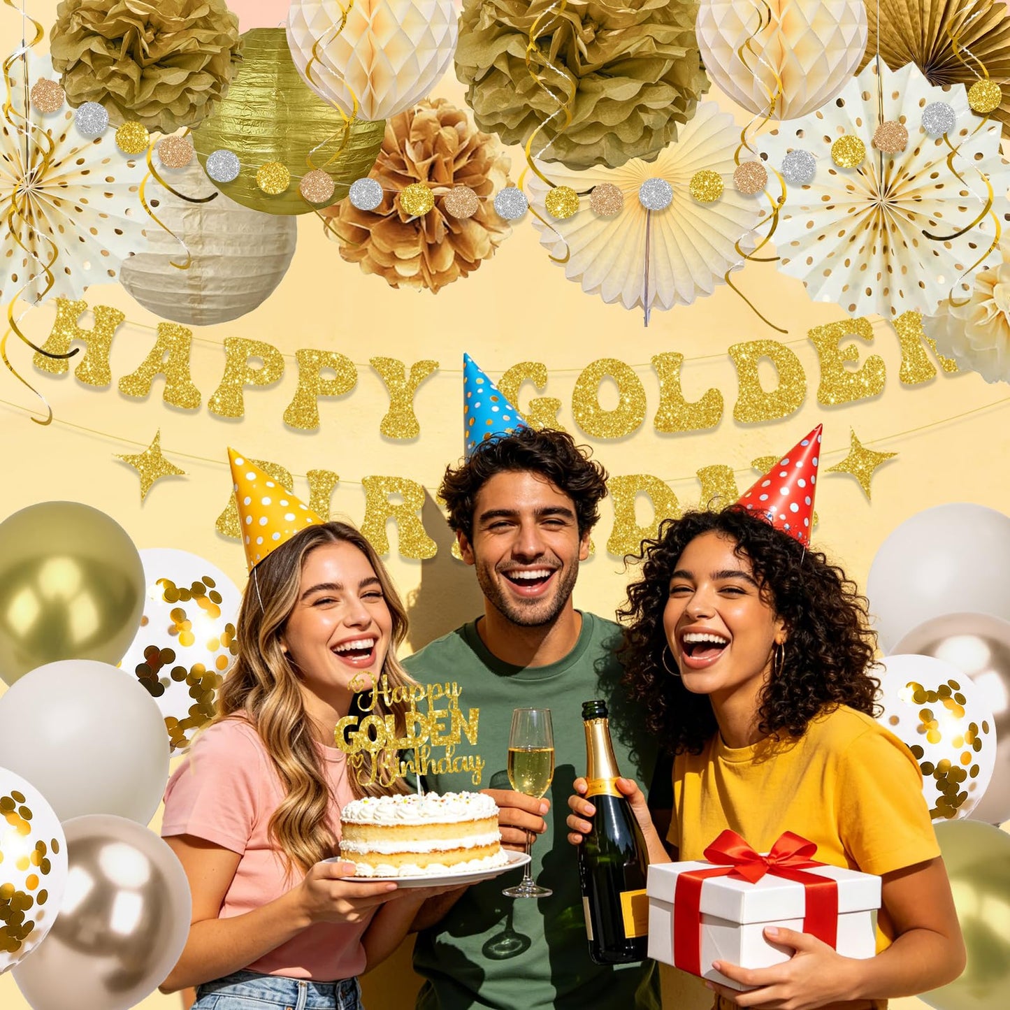 Golden Birthday Party Decorations,Gold Birthday Decorations with Happy Golden Birthday Banner,Paper Lanterns,Tissue Pom Poms,Fan,Gold Cream Balloons for Women Men,Photo Backdrop Decor,Gold Party