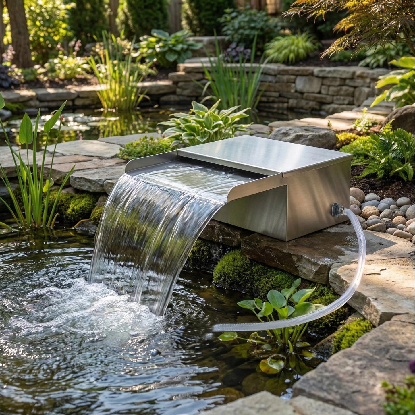 Pond Waterfall Spillway Kit with Filter Media & 800 GPH Pump, 304 Stainless Steel Waterfall Box, 9.8FT Hose, Complete Pond Kit for Outdoor Ponds, Koi Ponds, Fountain (11.8"L x 12"W x 5.1"H)