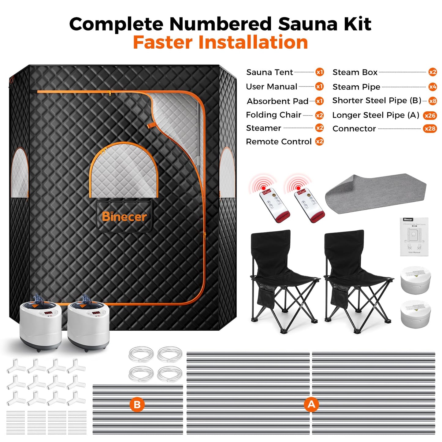 Binecer Portable Sauna Box, 2 Person Portable Steam Sauna for Home, Large Sauna Tent with 2 Steamer, Folding Chair for Relaxation-Black